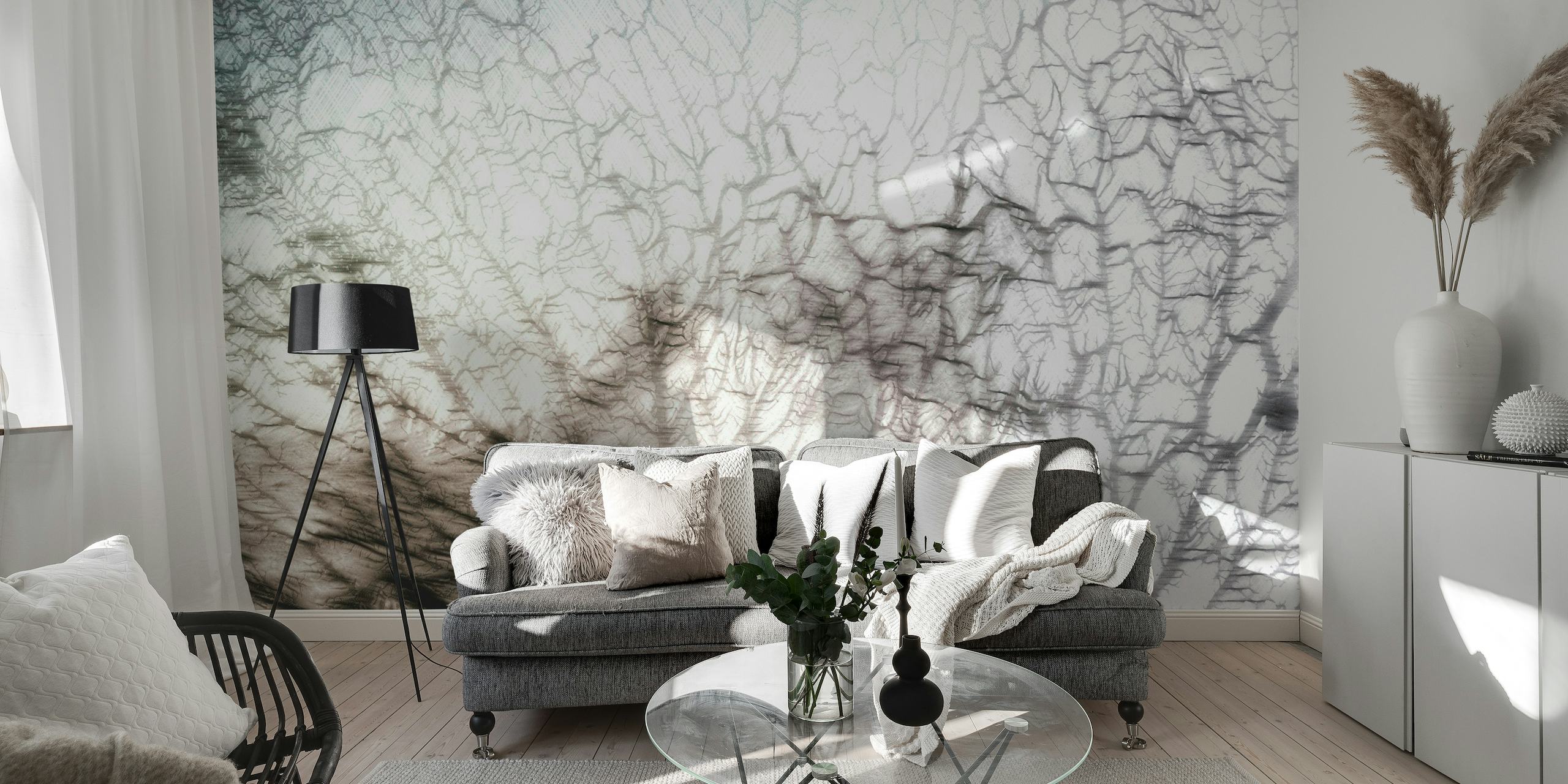 Monochrome coral reef wall mural with abstract design for home decor