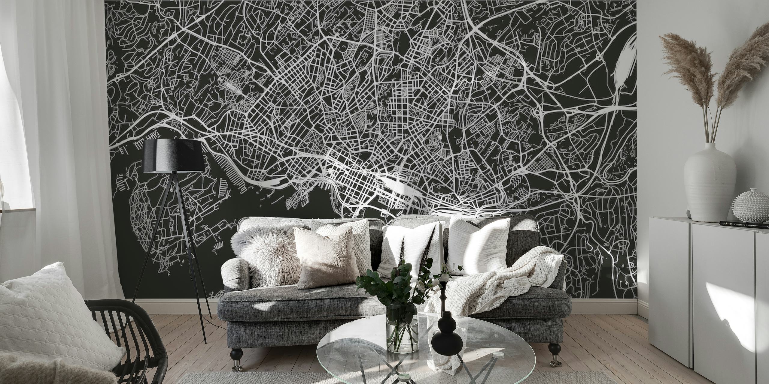 Mustavalkoinen Oslon kaupungin karttaseinämaalaus