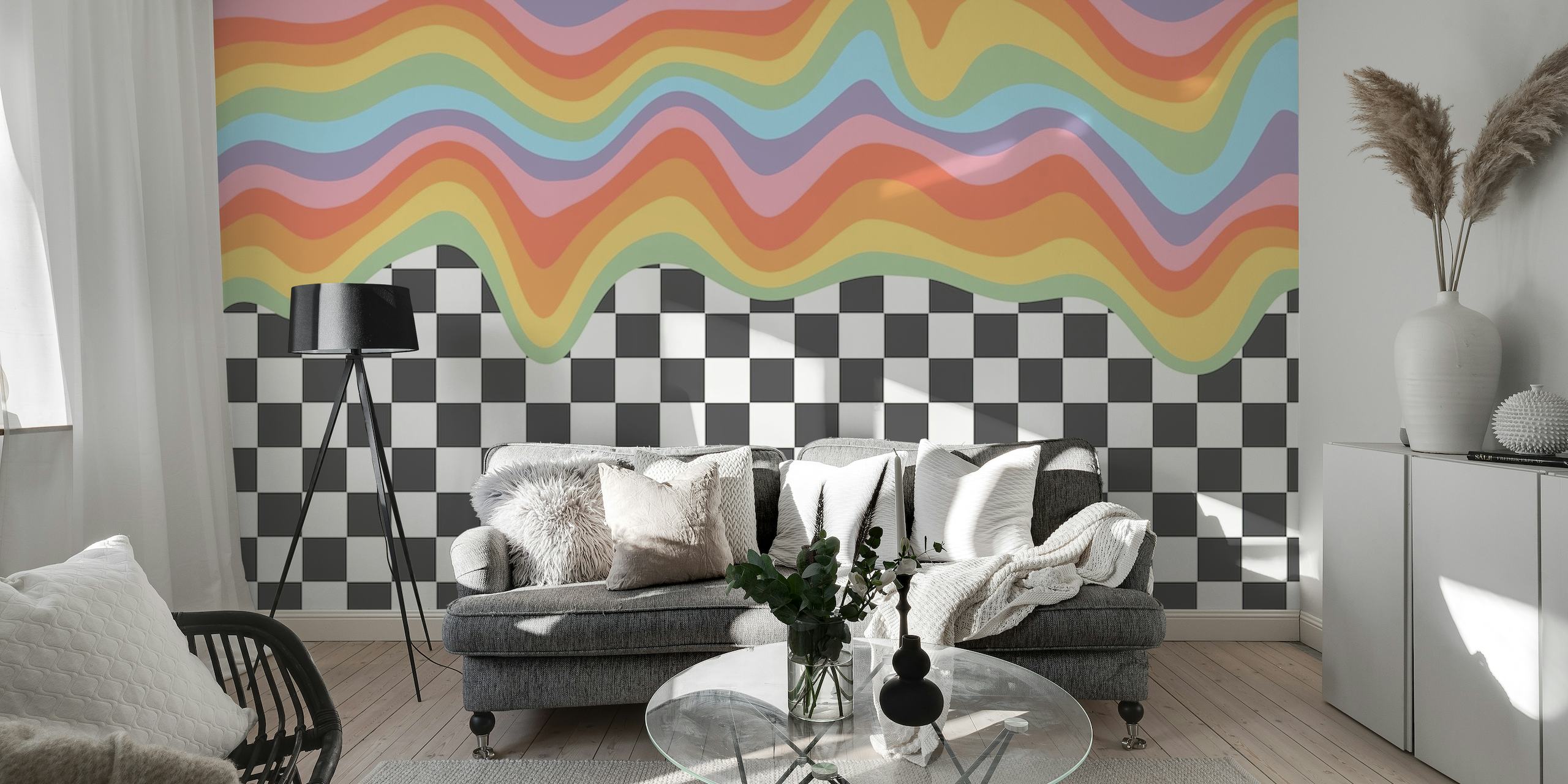 Rainbow on checkered wall wallpaper