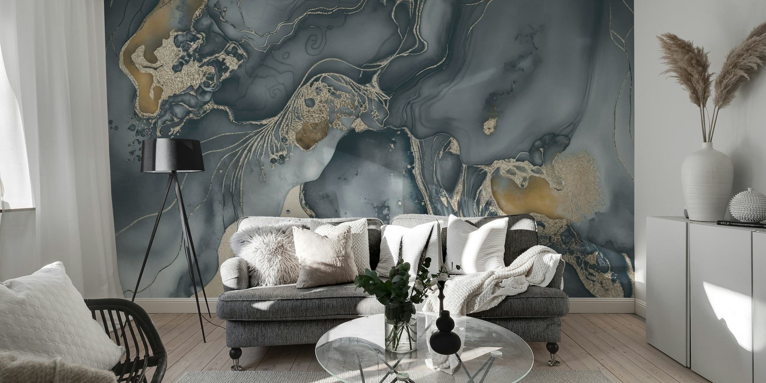 Eclectic Grey Gold Ink Art papel de parede