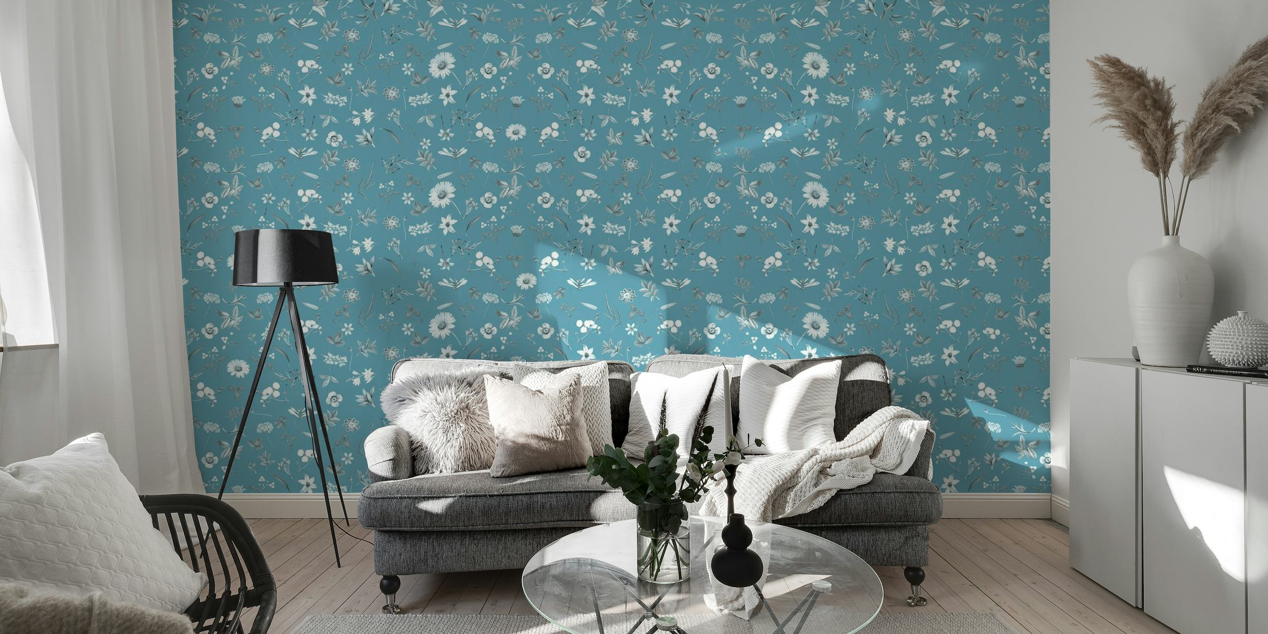 Blue floral pattern wall mural with calm and serene design