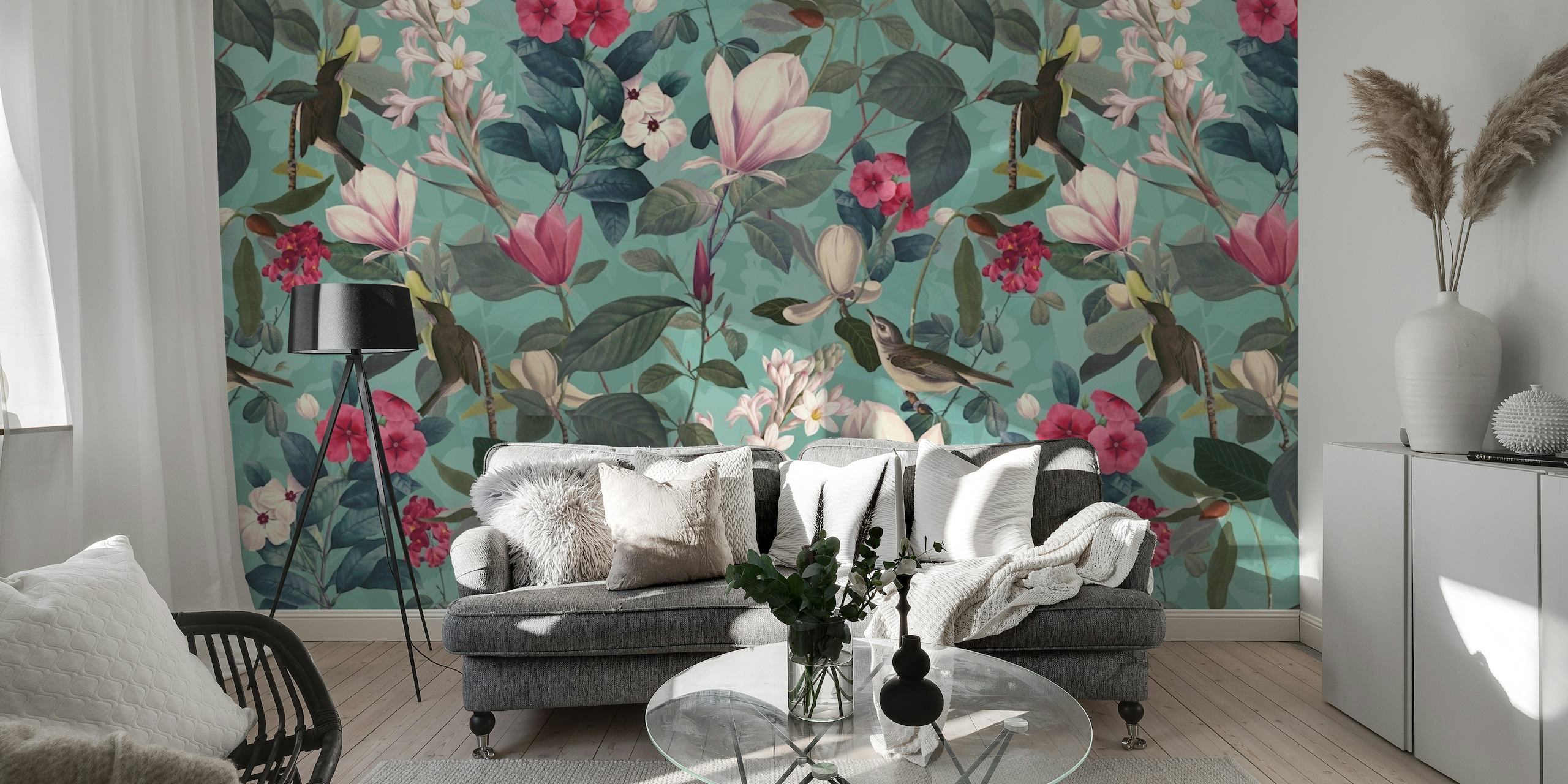 Botanical garden wall mural with birds and flowers on teal background