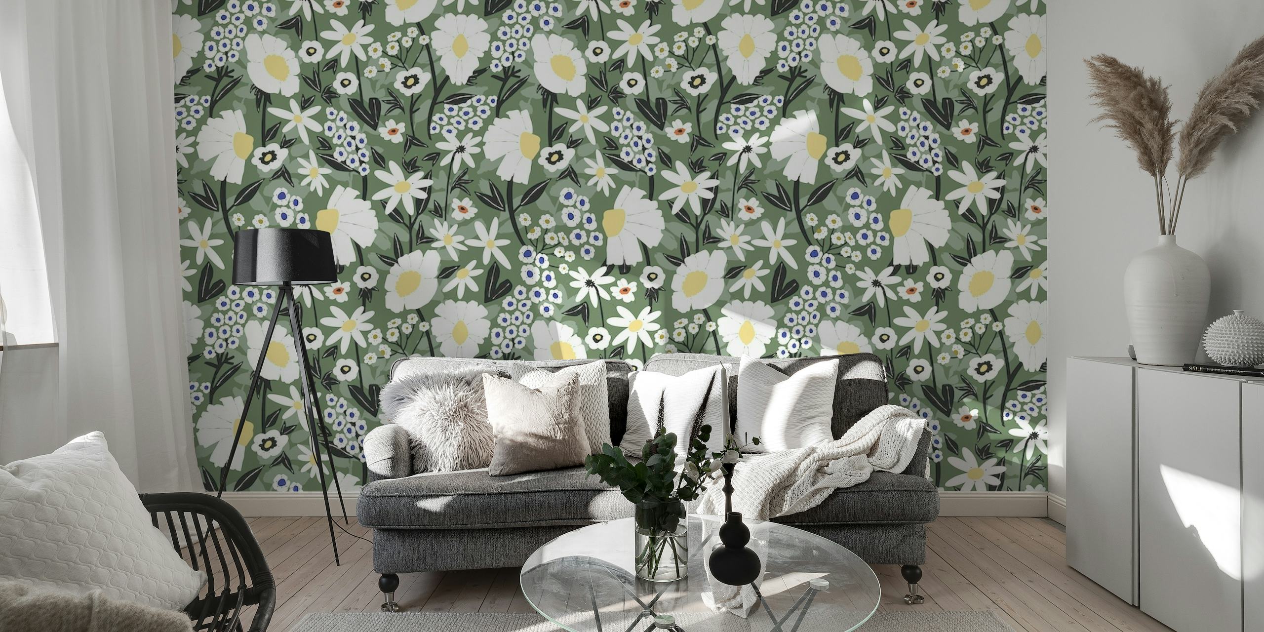 Meadow Forest Blossom wall mural with white flowers and green foliage pattern