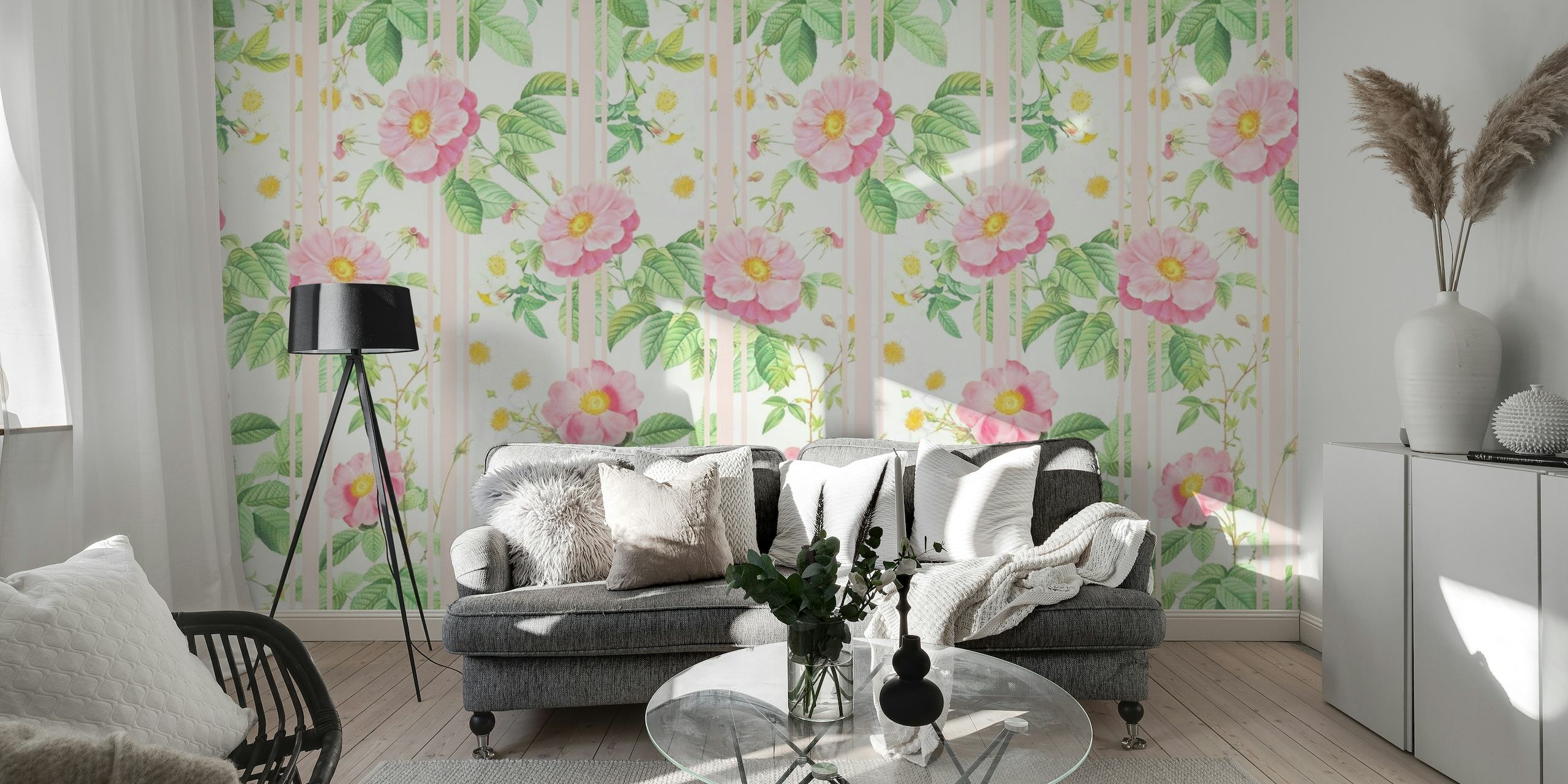 Redoute Roses Garden 3 wall mural with blush-toned roses and green leaves pattern