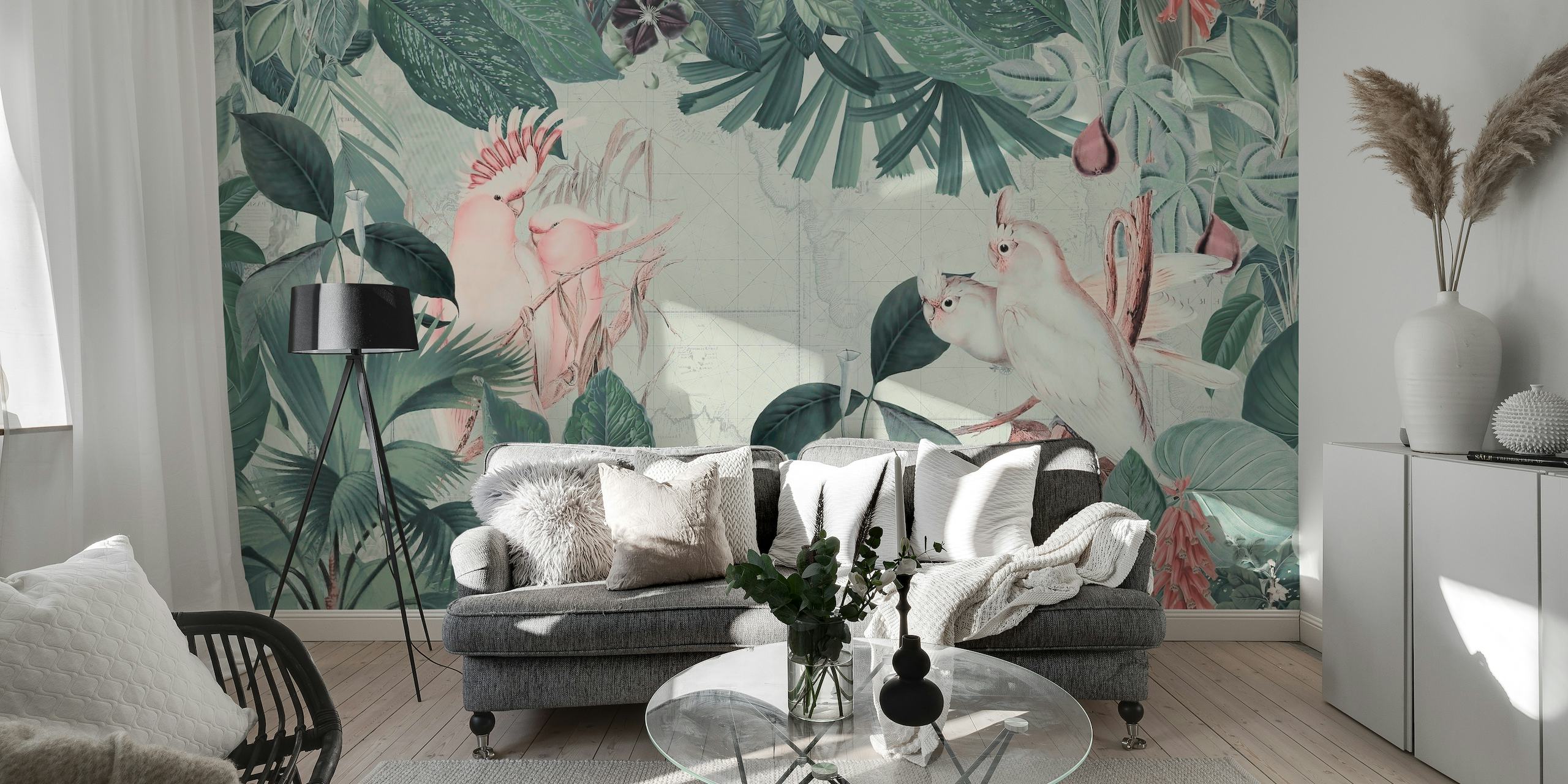 Vintage-style wall mural with cockatoos and tropical foliage in pastel colors