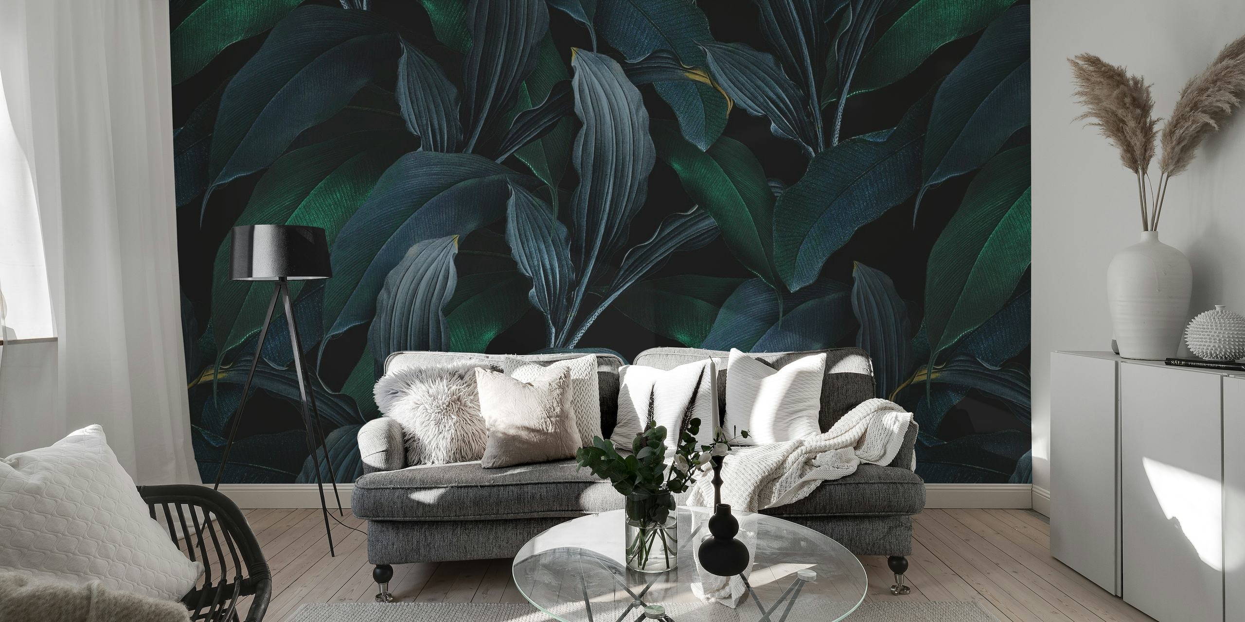 Gothic-style dark green botanical wall mural with subtle golden accents