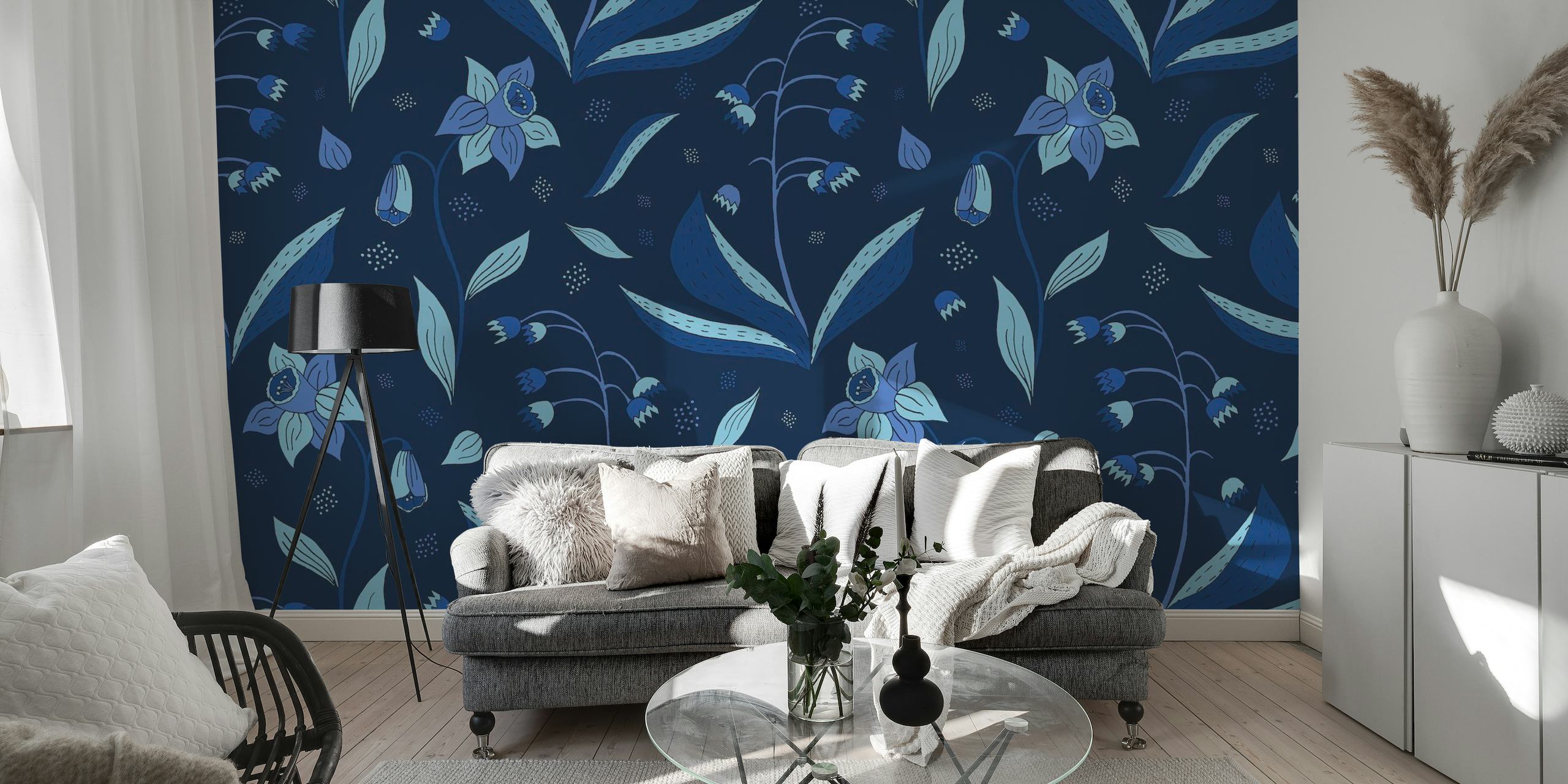 Midnight Blue Garden muurschildering met bloemmotieven
