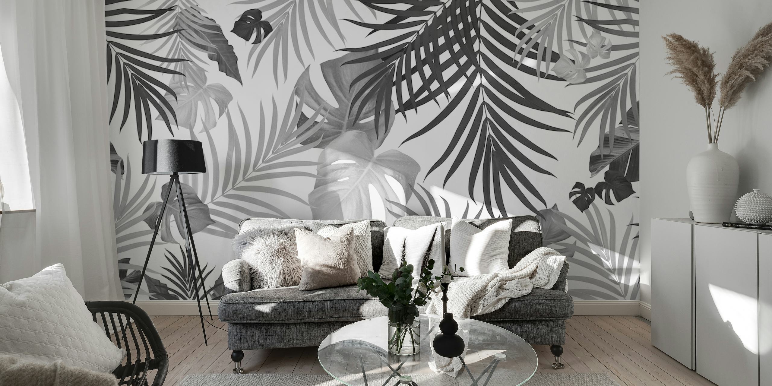 Fotomural vinílico de parede de folhas de selva tropical monocromática para decoração de interiores