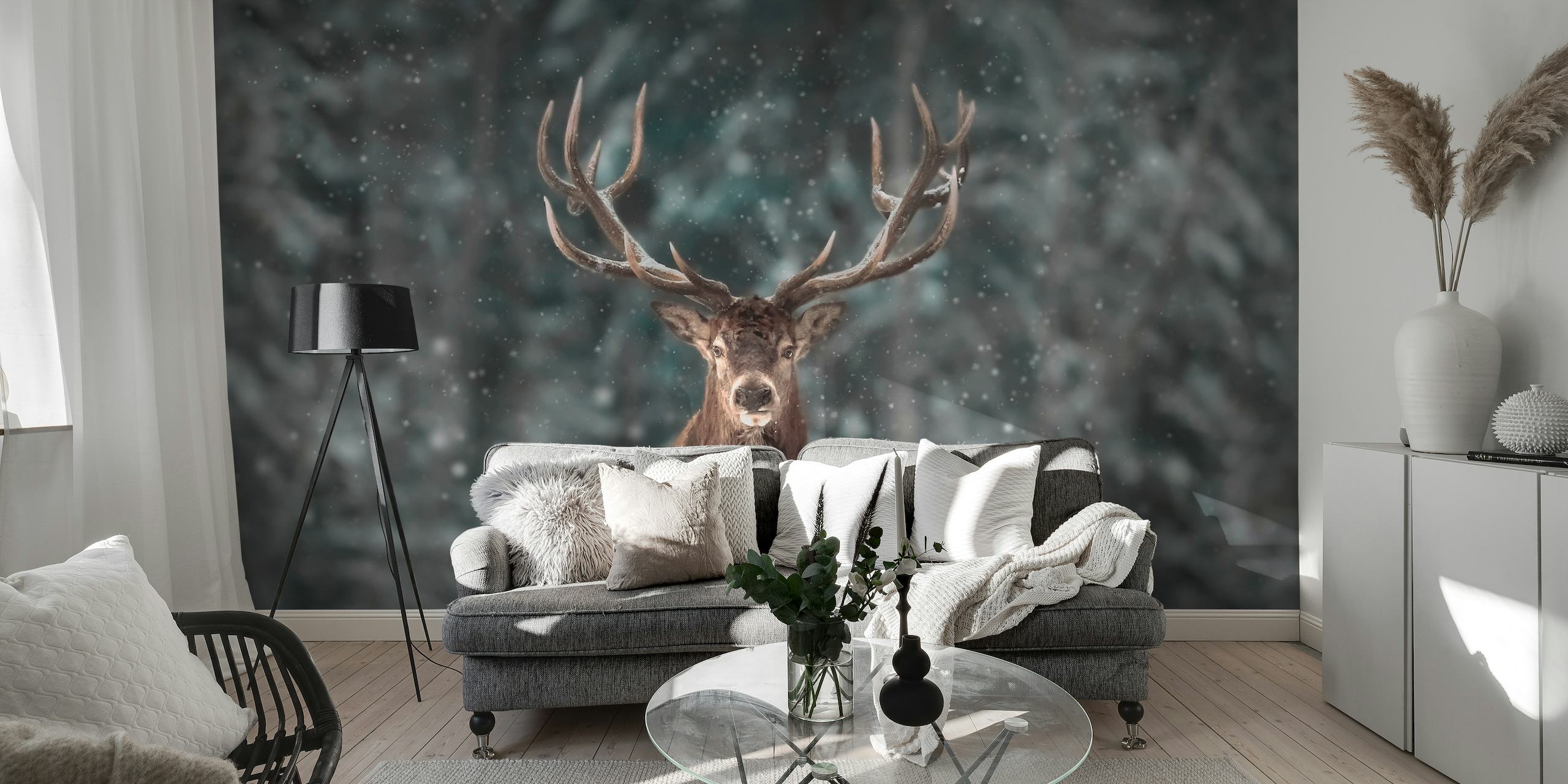 Majestic deer with grand antlers wall mural in a misty forest setting