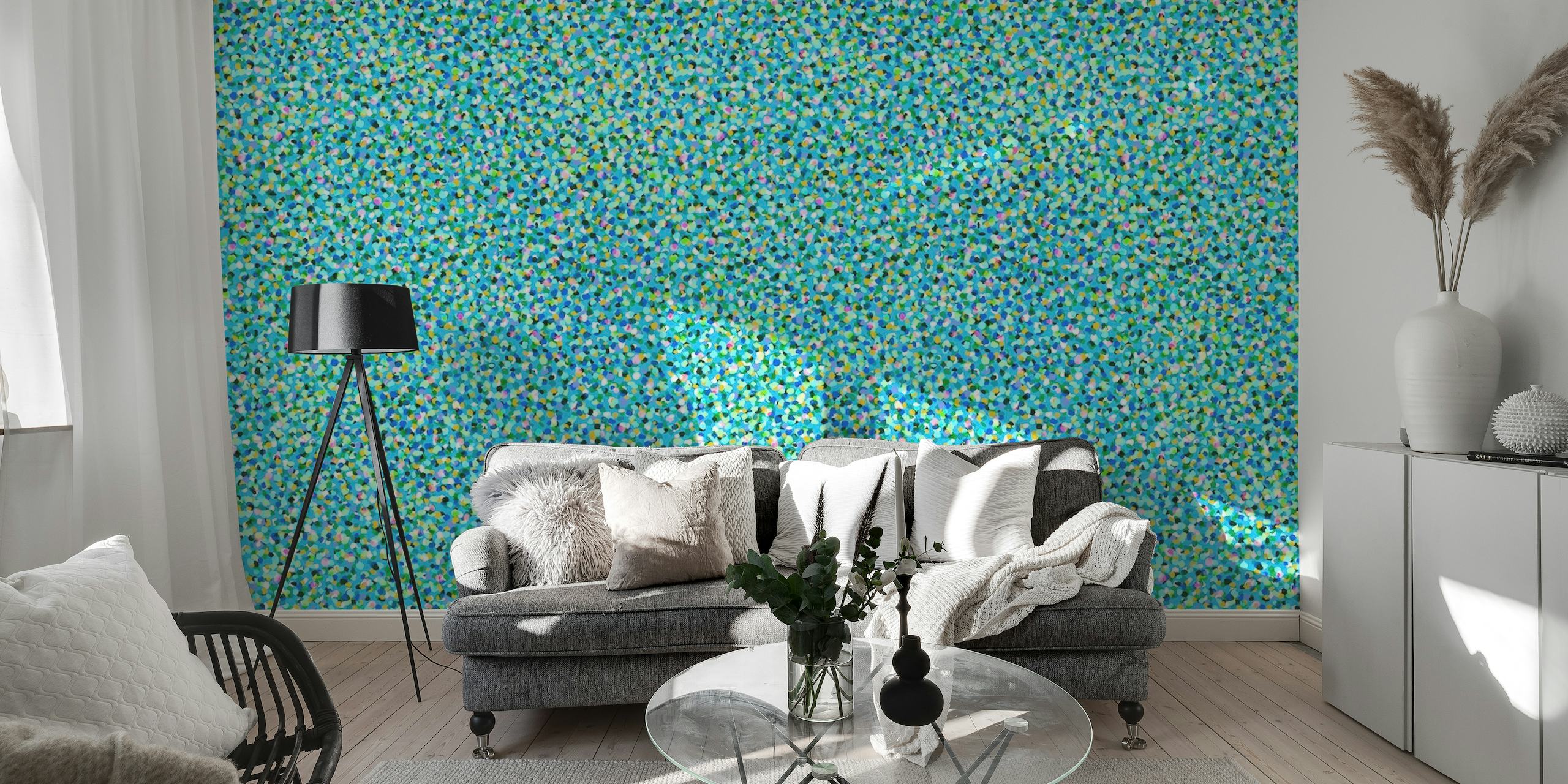 Levende 'Party Spot Turquoise' vægmaleri i konfettistil med turkise og hvide pletter på happywall.com