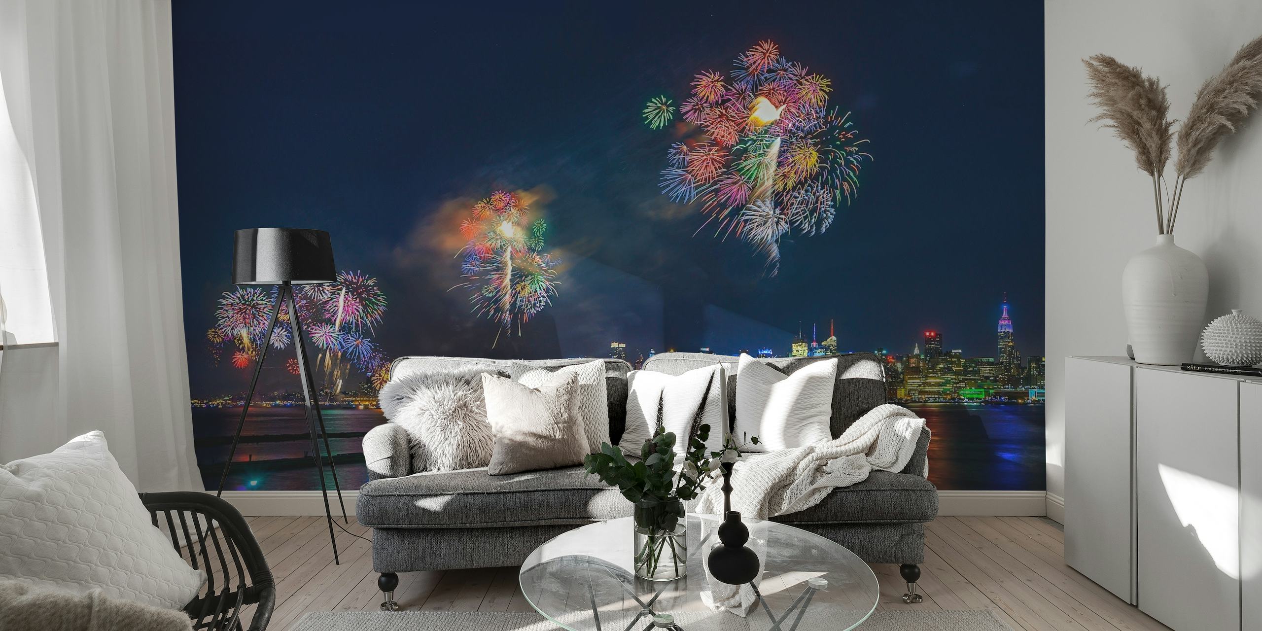 NYC skyline with Independence Day fireworks wall mural