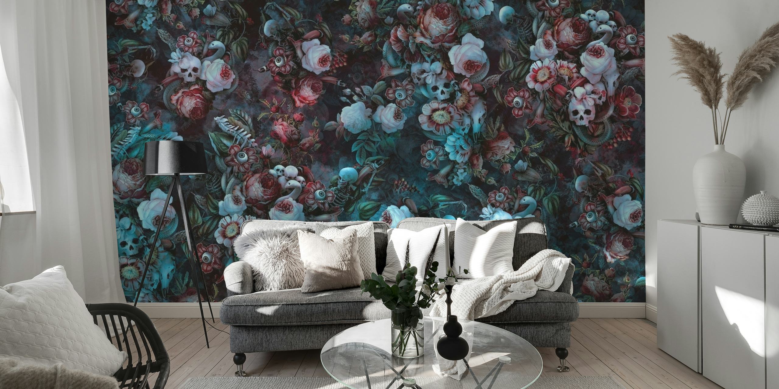 Mysterious floral pattern with watchful eyes embedded in darkness for wall mural