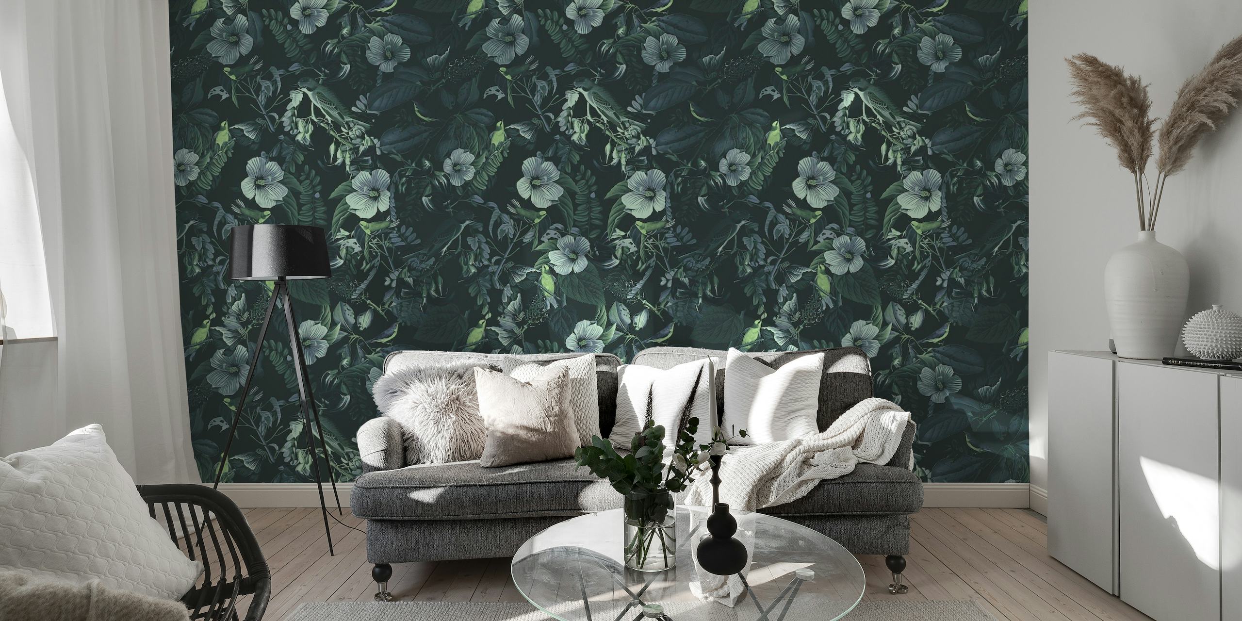 Moody floral bird wall mural with intricate botanical details