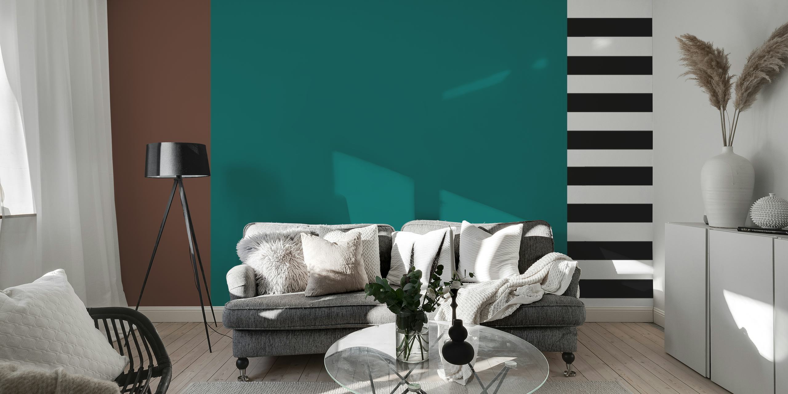 Abstraktes geometrisches Wandbild aus der Shape Collection Nr. 4 mit blaugrünen, schwarzen, weißen und braunen Elementen