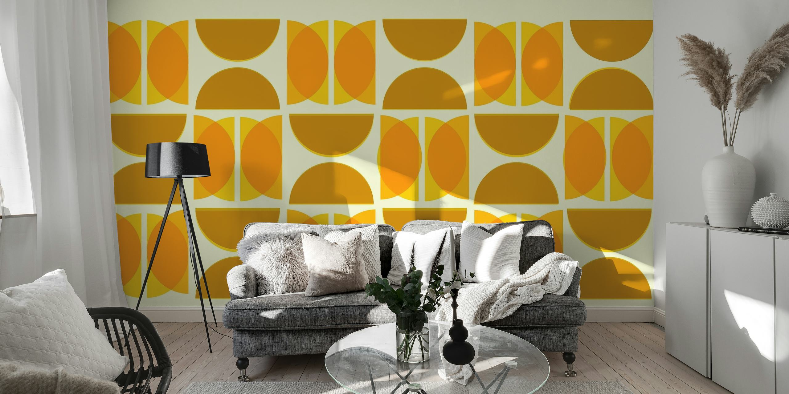 Gyldent Bauhaus veggmaleri med geometrisk mønster