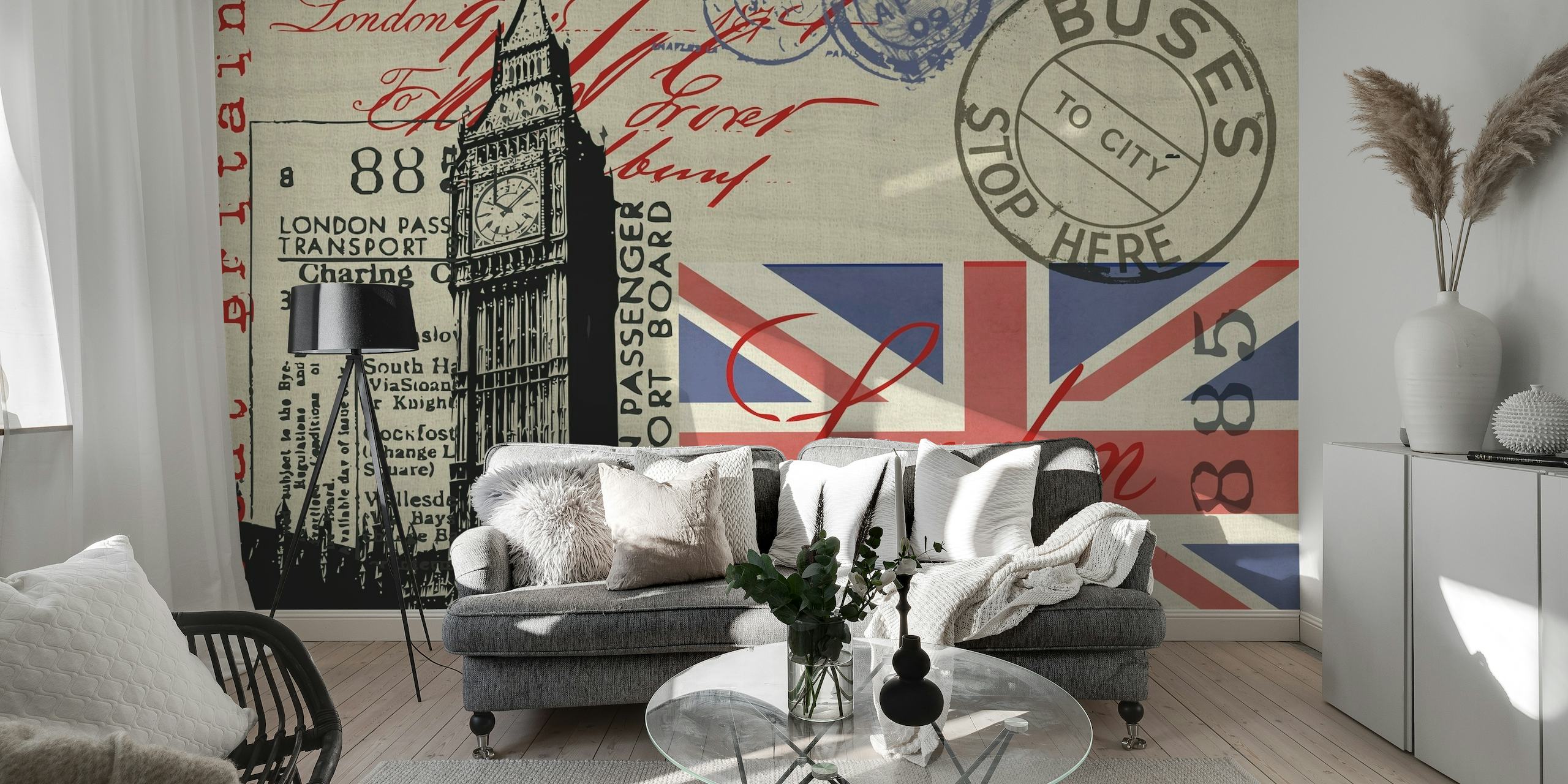 Vintage style wall mural of London landmarks with Big Ben, red buses, and Union Jack flag