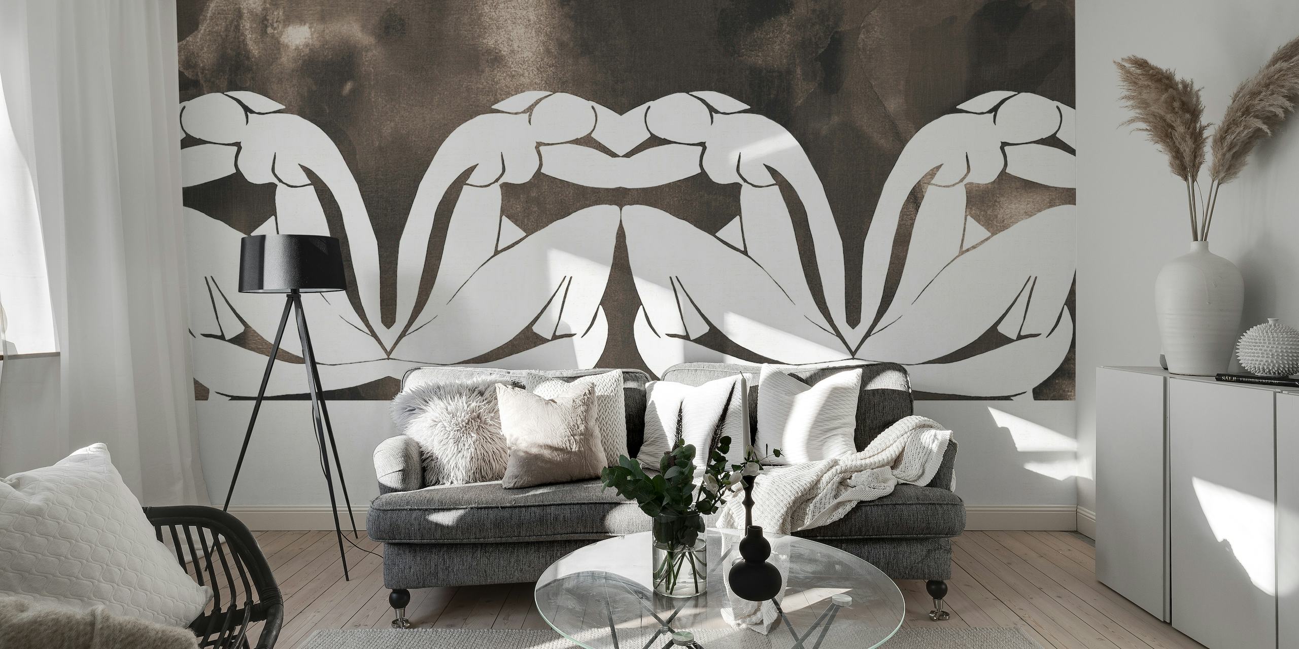 Matisse-inspired monochrome line drawing of intertwined sisterly figures wall mural