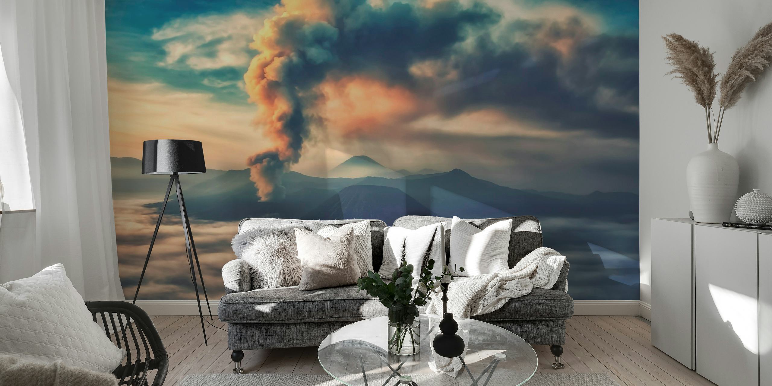 Volcanic eruption wall mural with clouds and mist