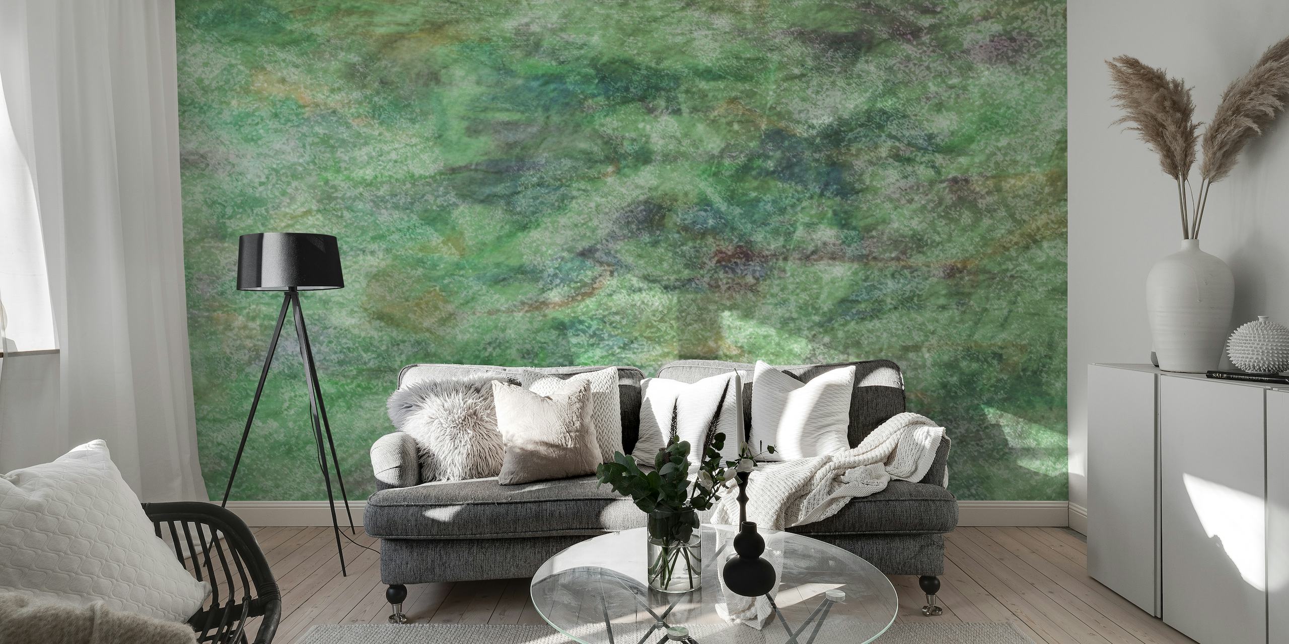 Grunge style wall mural with faded green and earthy brown textures