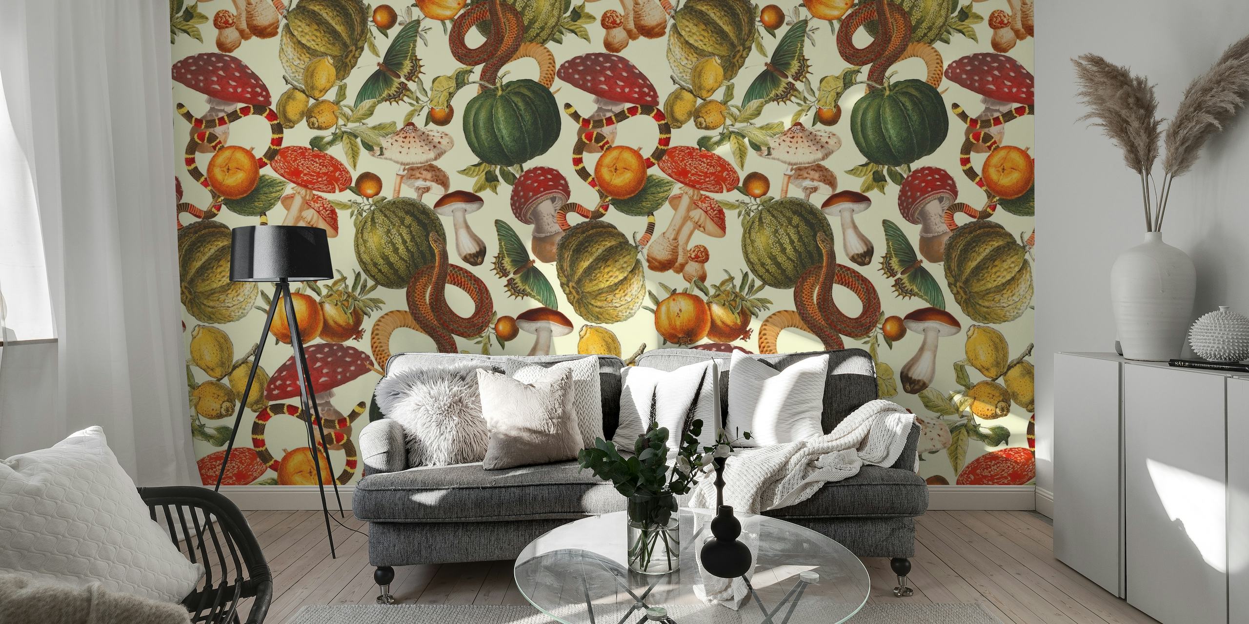 Enchanted forest wall mural with colorful mushrooms, adding whimsy to any room.