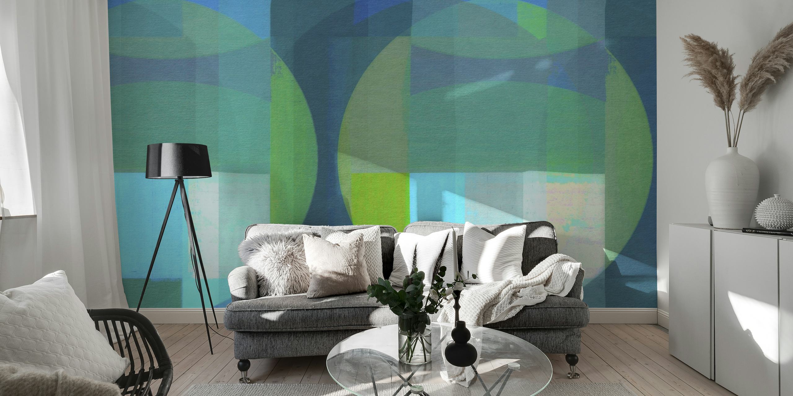 Blaugrünes und grünes abstraktes Wandgemälde im modernen Stil der Mitte des Jahrhunderts