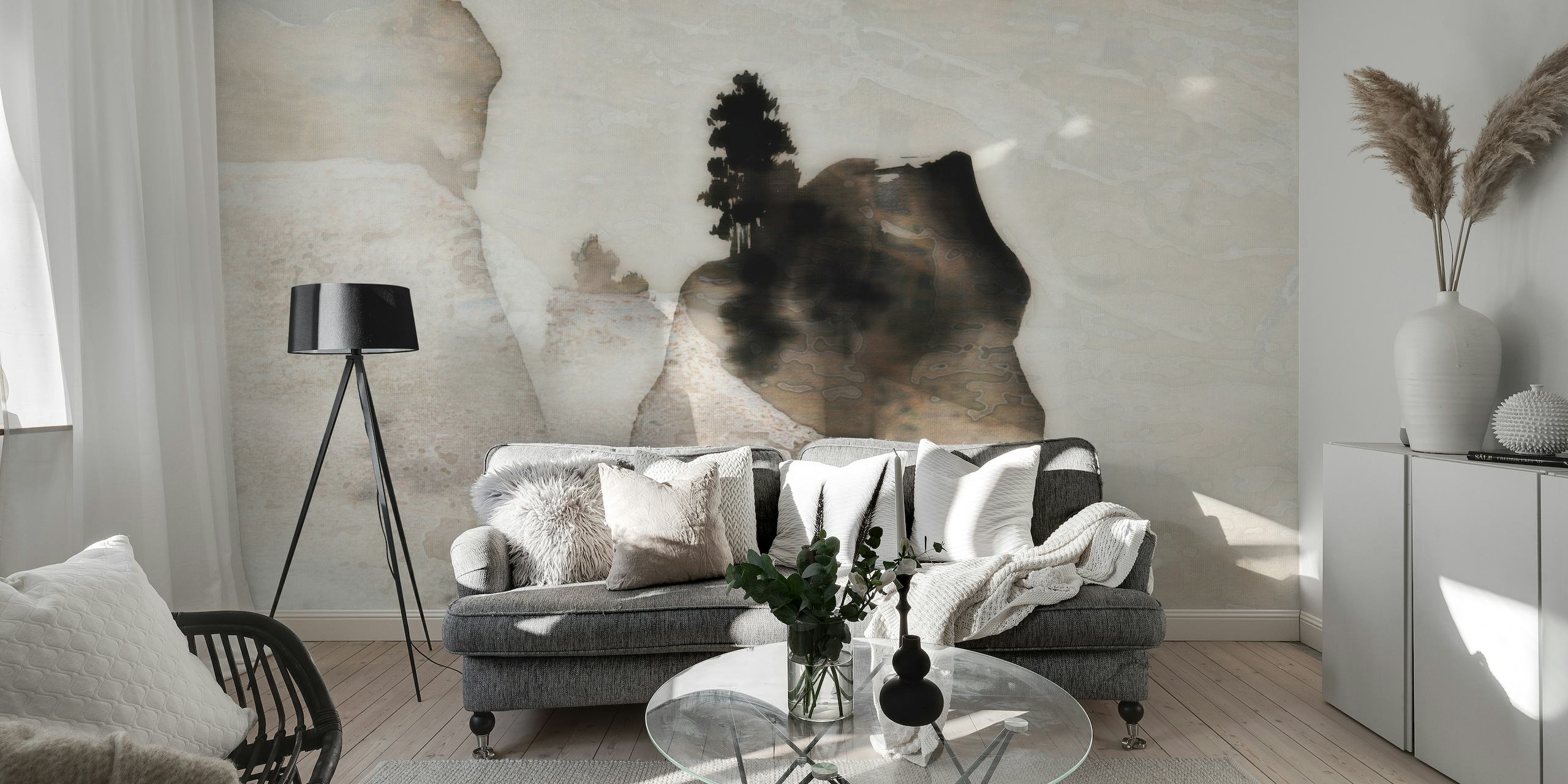 Neutral-toned wall mural depicting a Japanese pine tree in a misty landscape