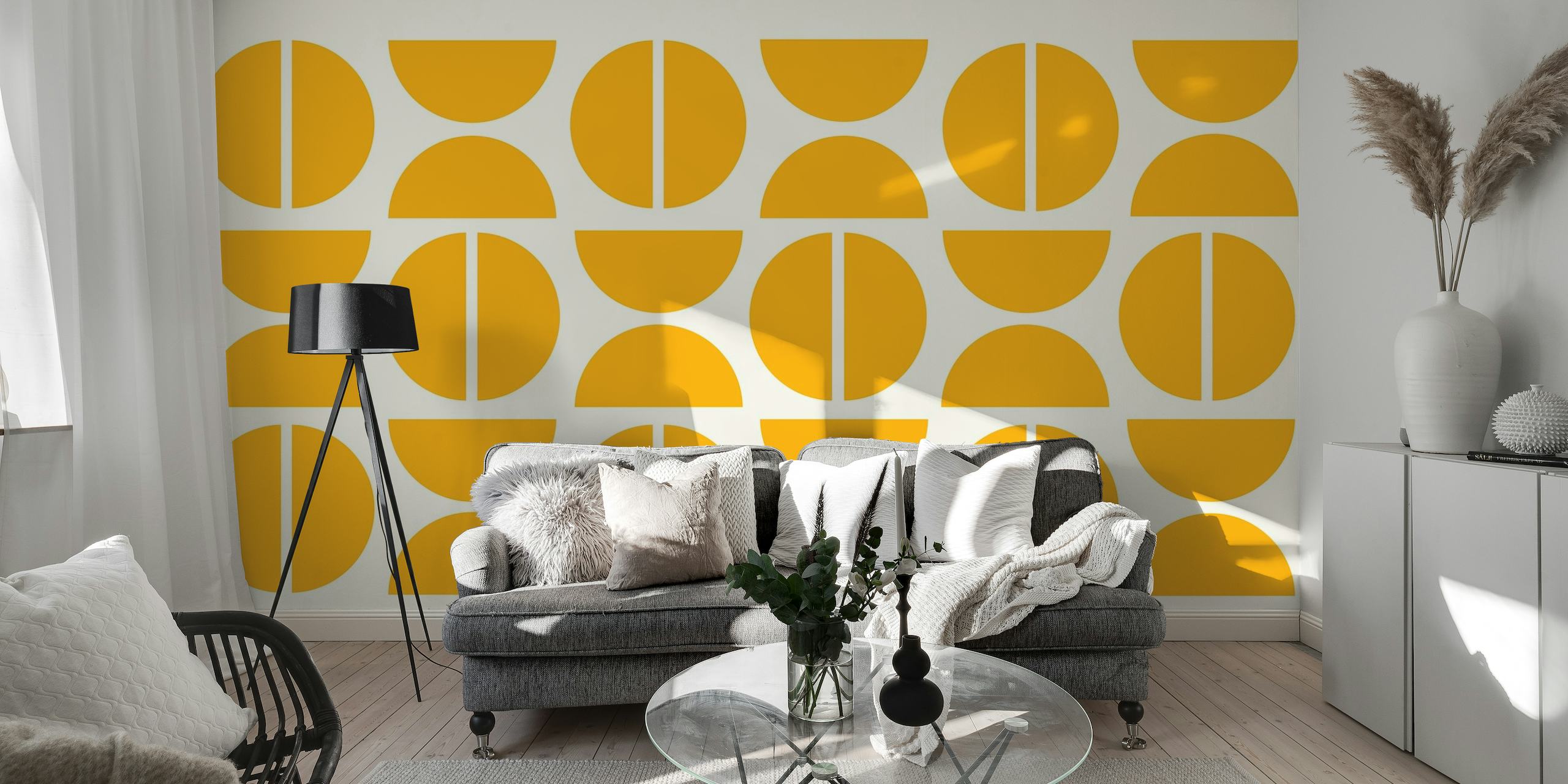 Gyldent Bauhaus geometrisk mønster veggmaleri med sirkler og linjer