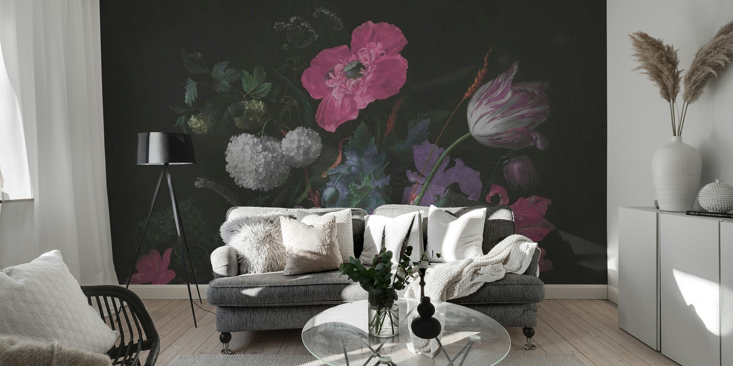 Dark and moody floral wallpaper featuring pink flowers on a black background