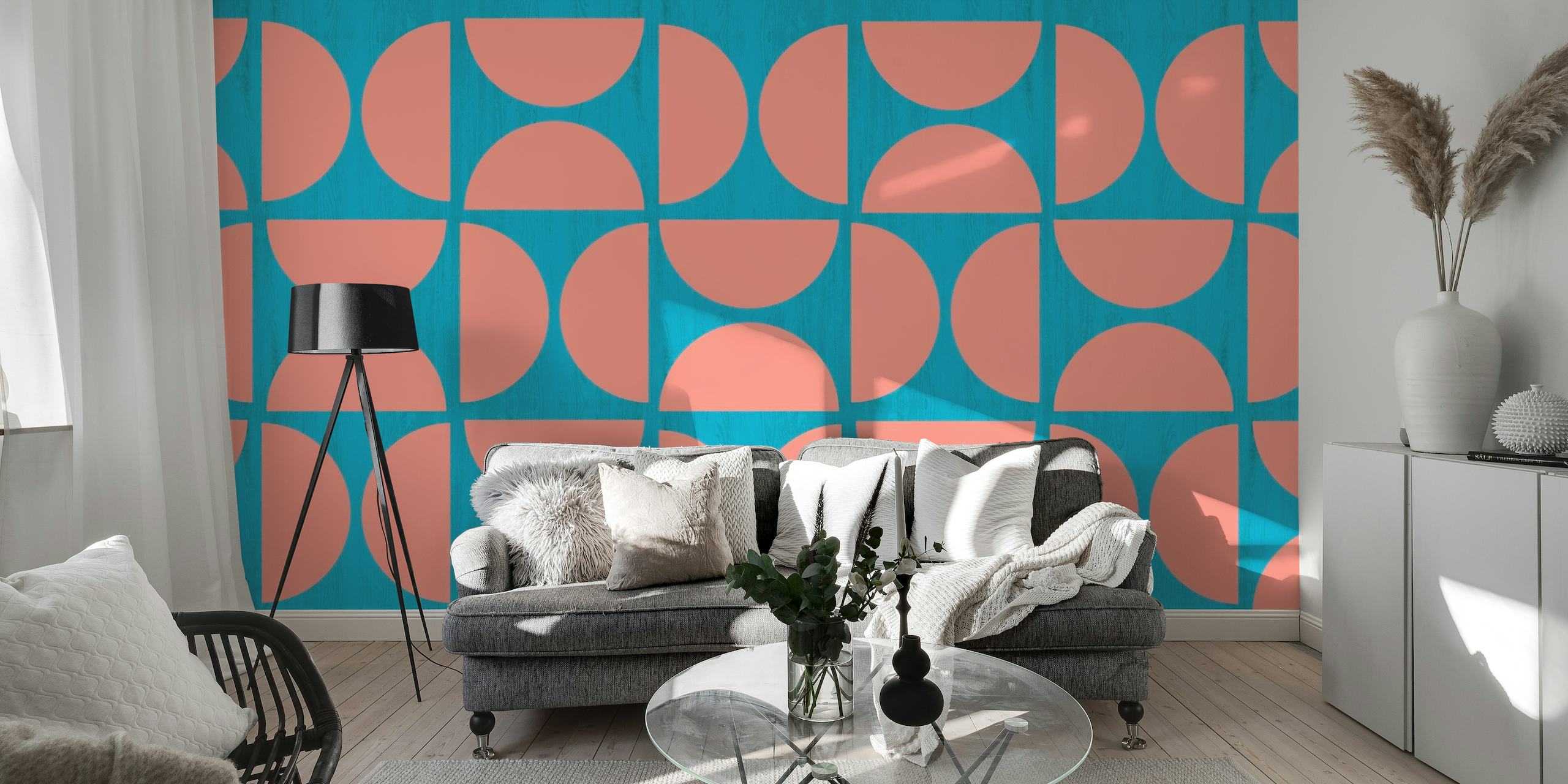 Mid-century modern wood pattern wall mural in teal and coral
