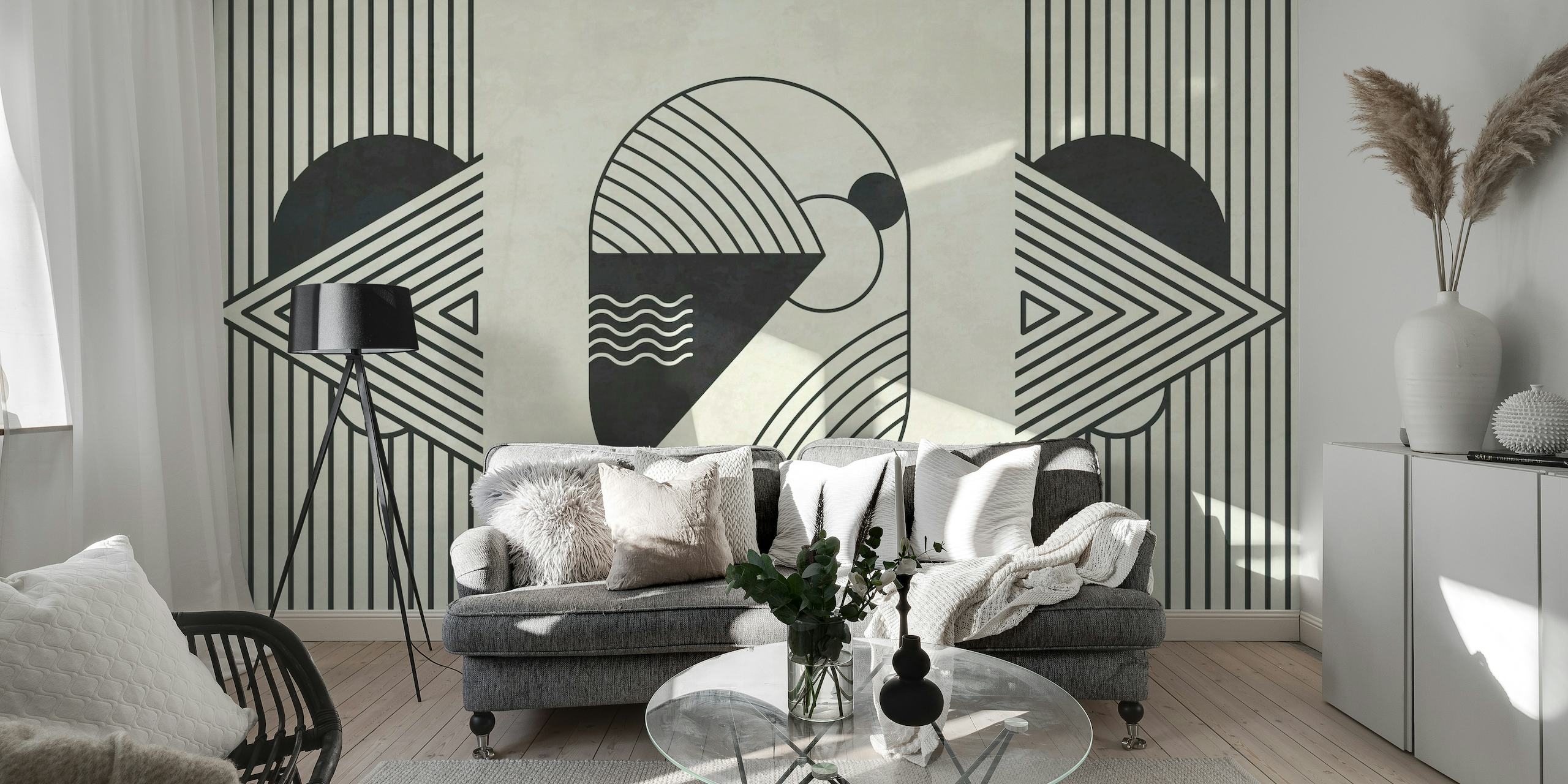 Abstract geometric shapes cosmic wall mural in black and white