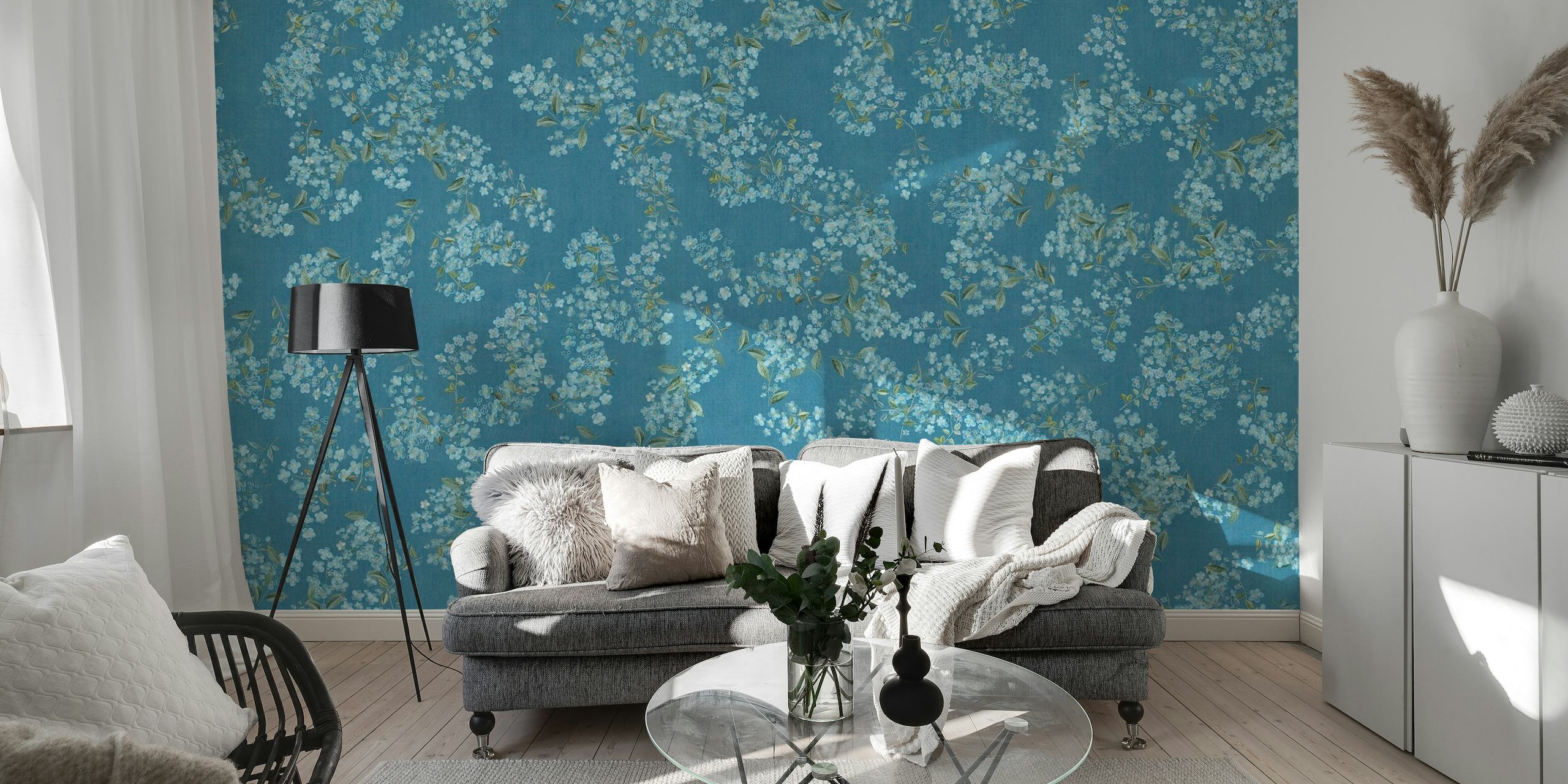 Embroidery forget me not flowers blue linnen wallpaper