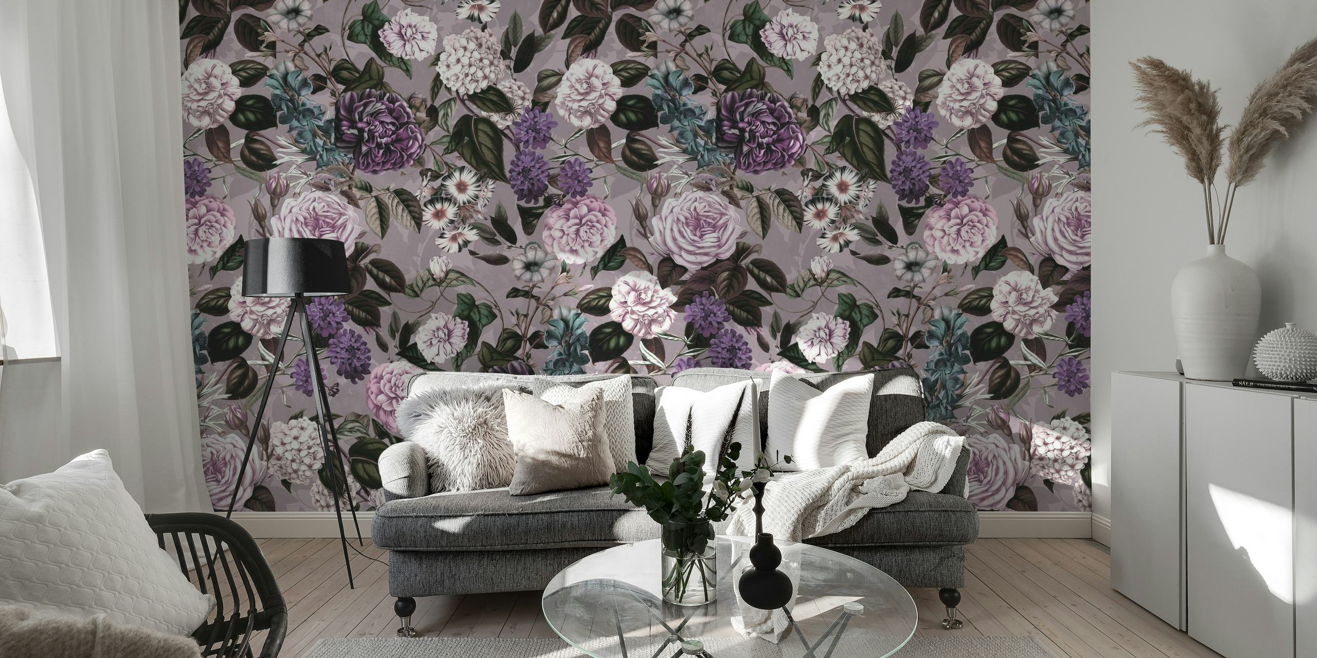 Gothic Dreams II wall mural with dark purple and lavender roses on a moody background