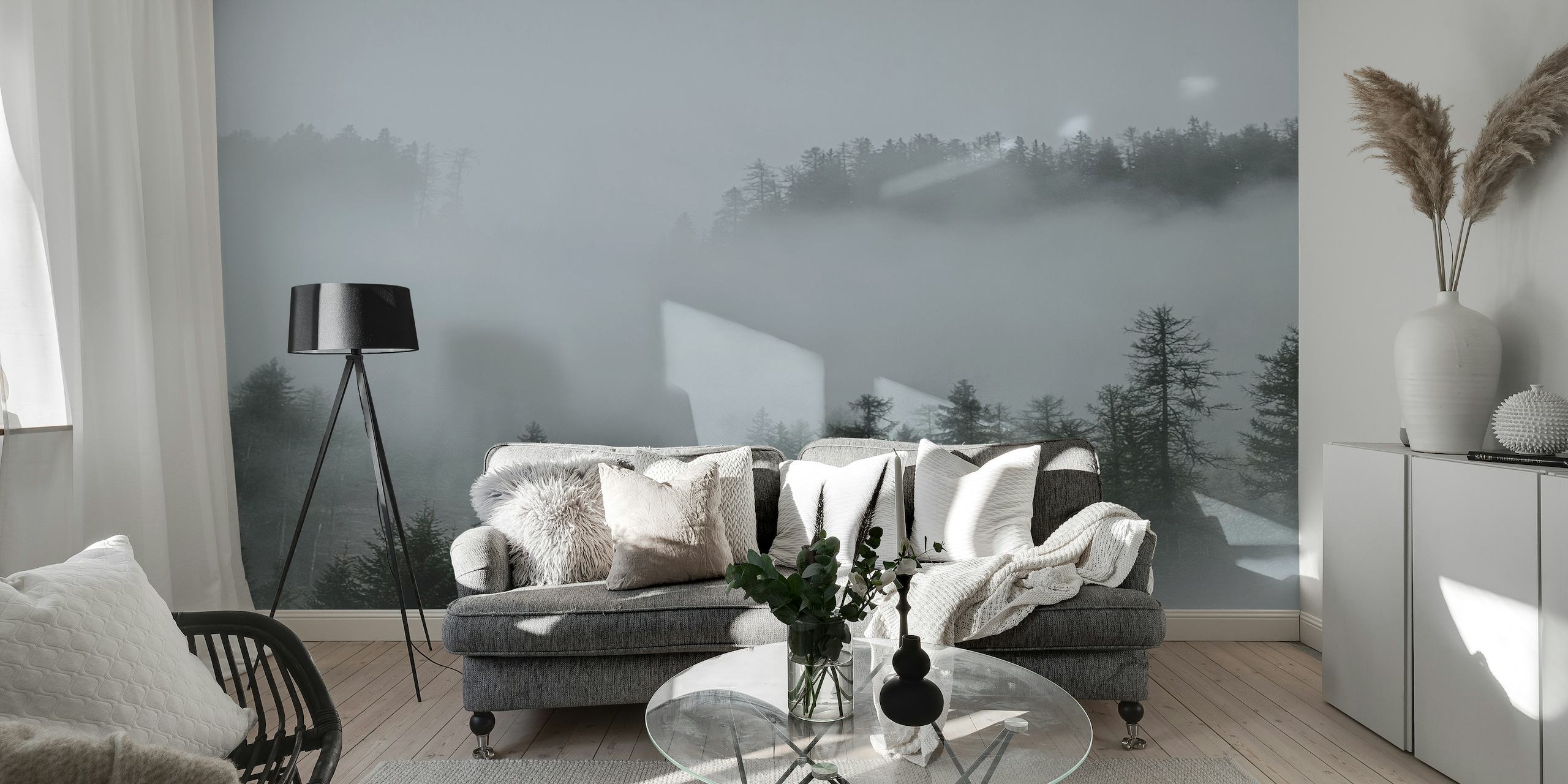 Misty forest wall mural with indistinct tree outlines and foggy hills