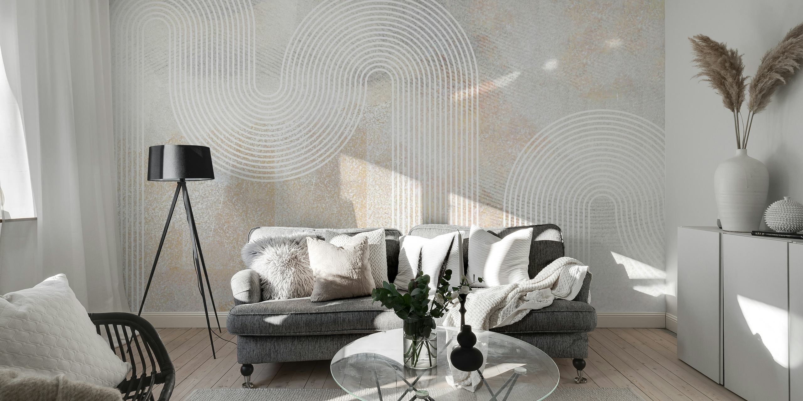 Abstract seventies-inspired neutral wall mural with flowing lines and earth tones