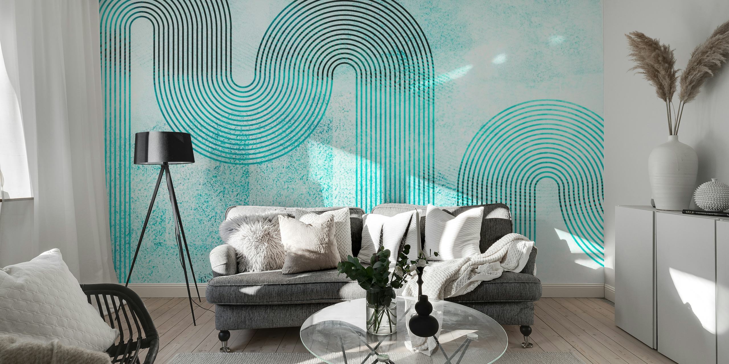 Abstract cyan-colored Bauhaus-style grunge lines wall mural