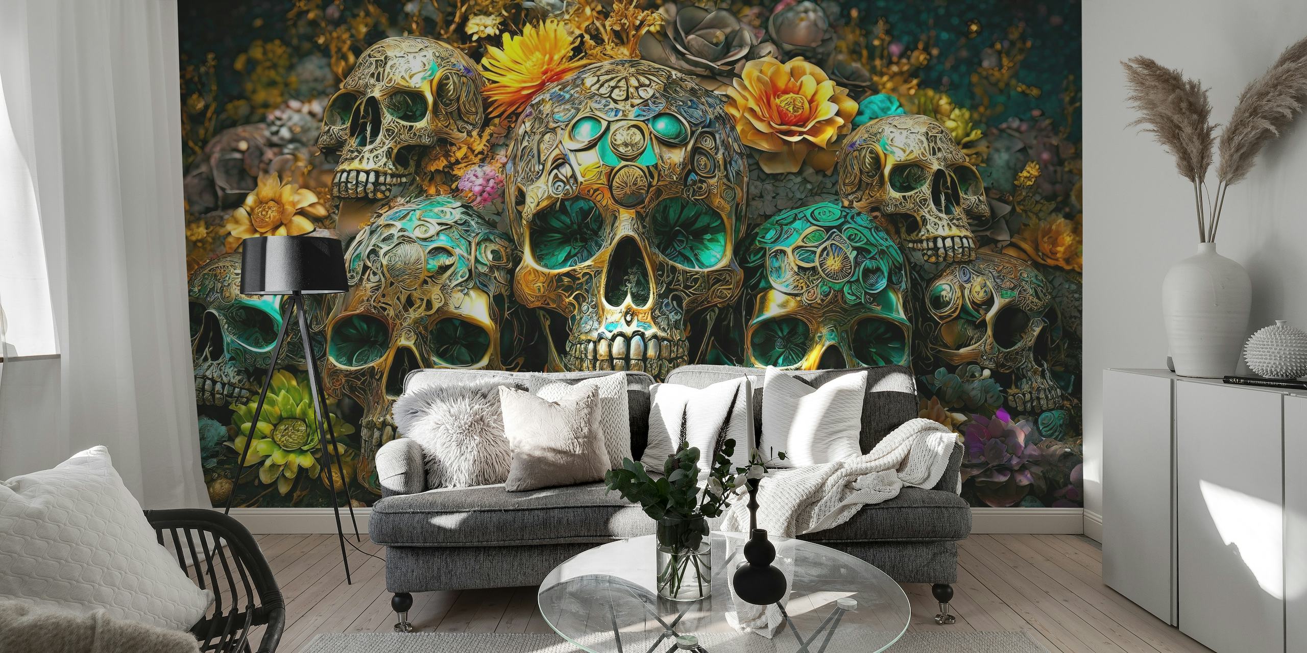 Día de Muertos veggmaleri med dekorerte hodeskaller og ringblomster