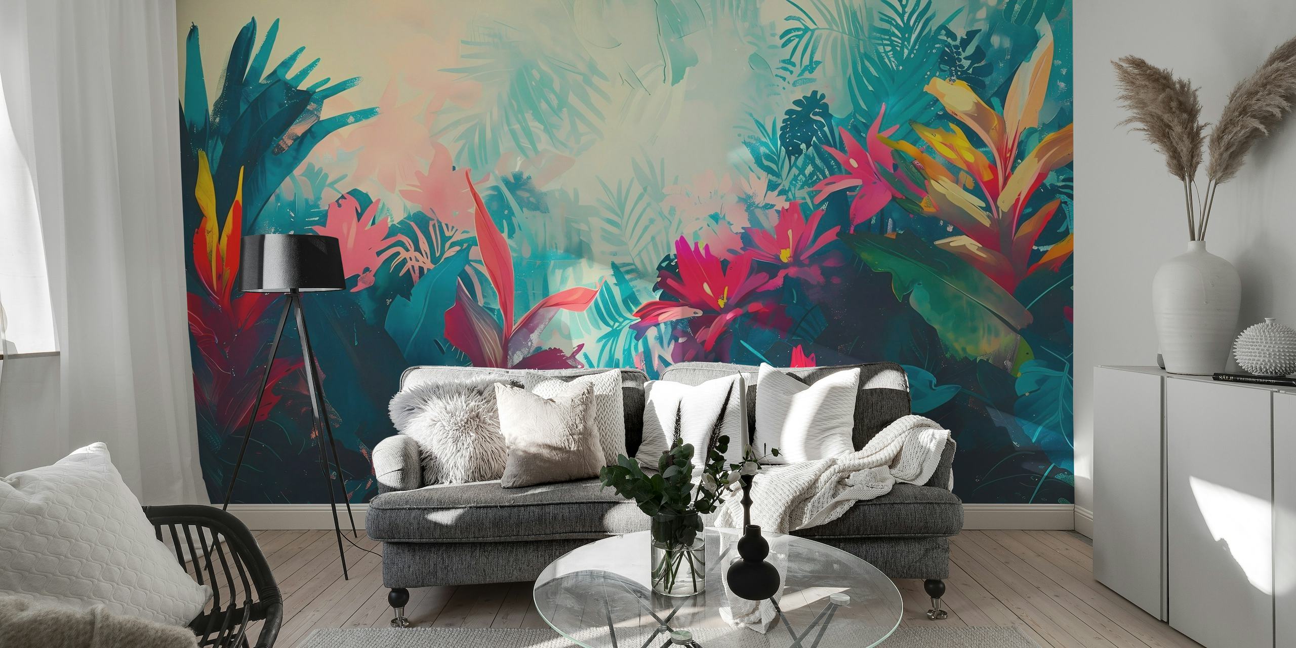 Kleurrijke tropische bladeren muurschildering voor interieur