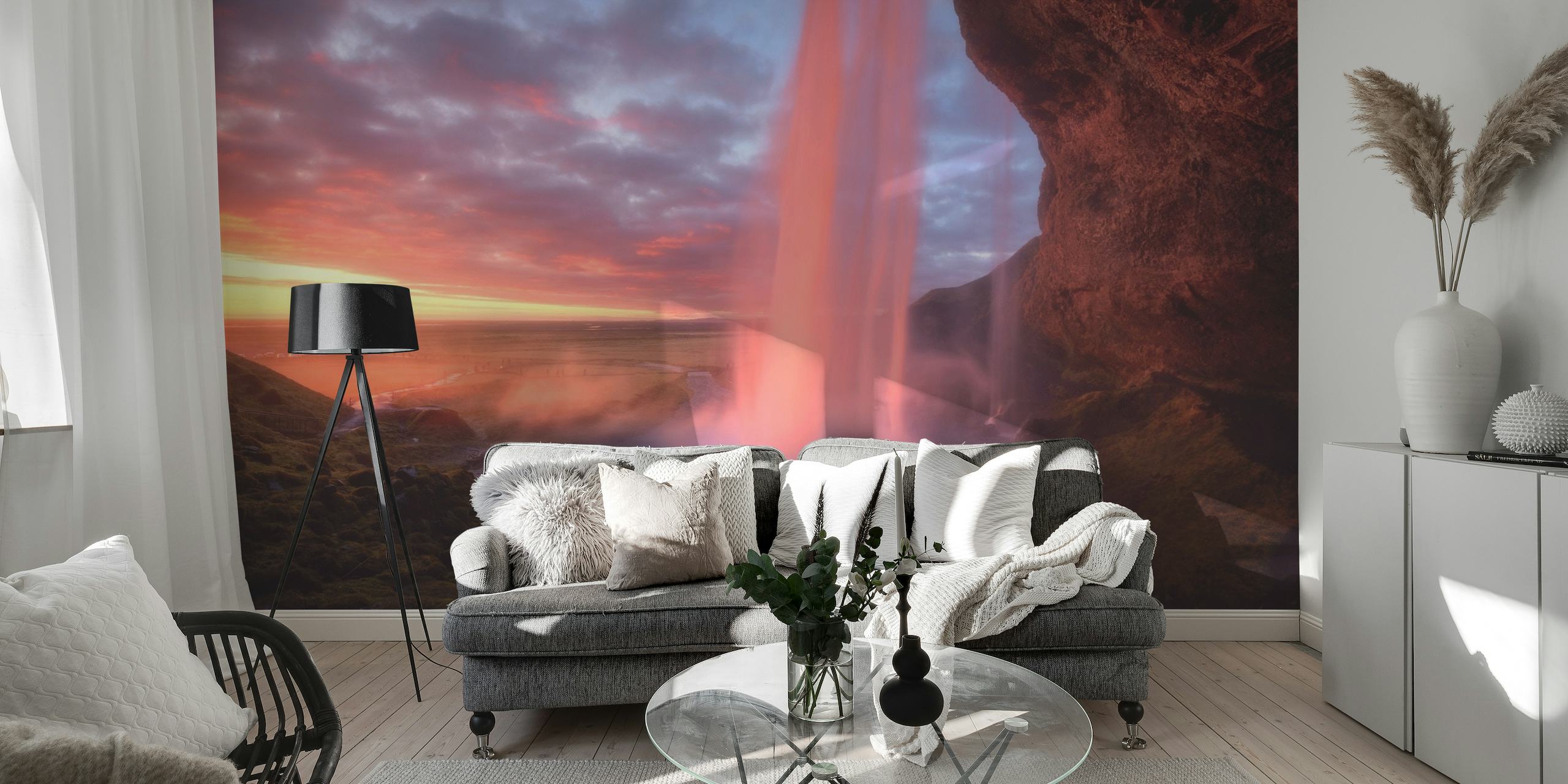 A waterfall wall mural with sunset colors, named 'The Burning Falls'