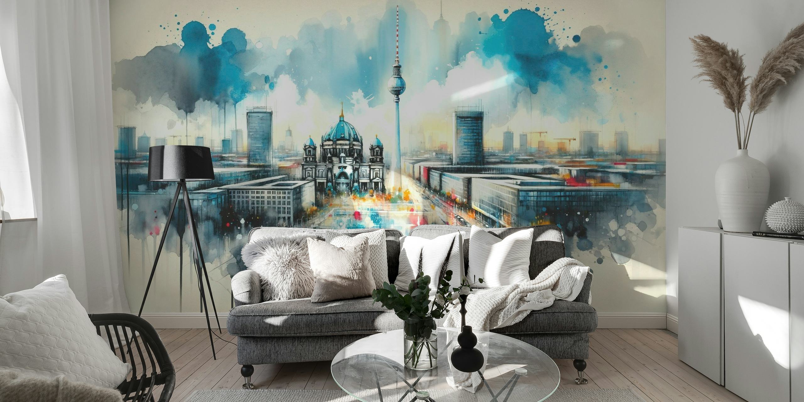 Aquarelmuurschildering van de moderne architectuur van Berlijn met iconische bezienswaardigheden en een dynamische, artistieke interpretatie.