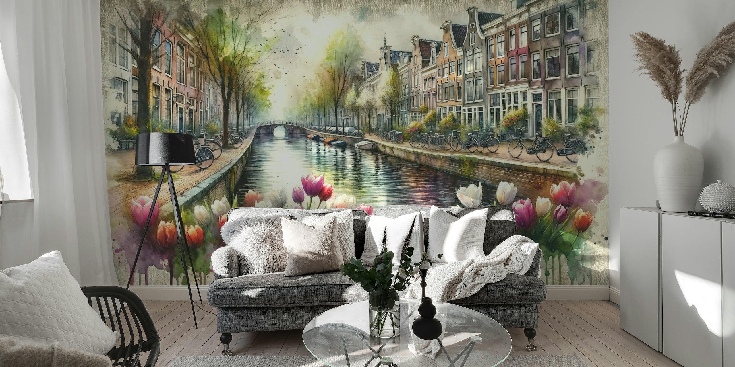 Watercolor Canal Scene Dutch Houses papel de parede