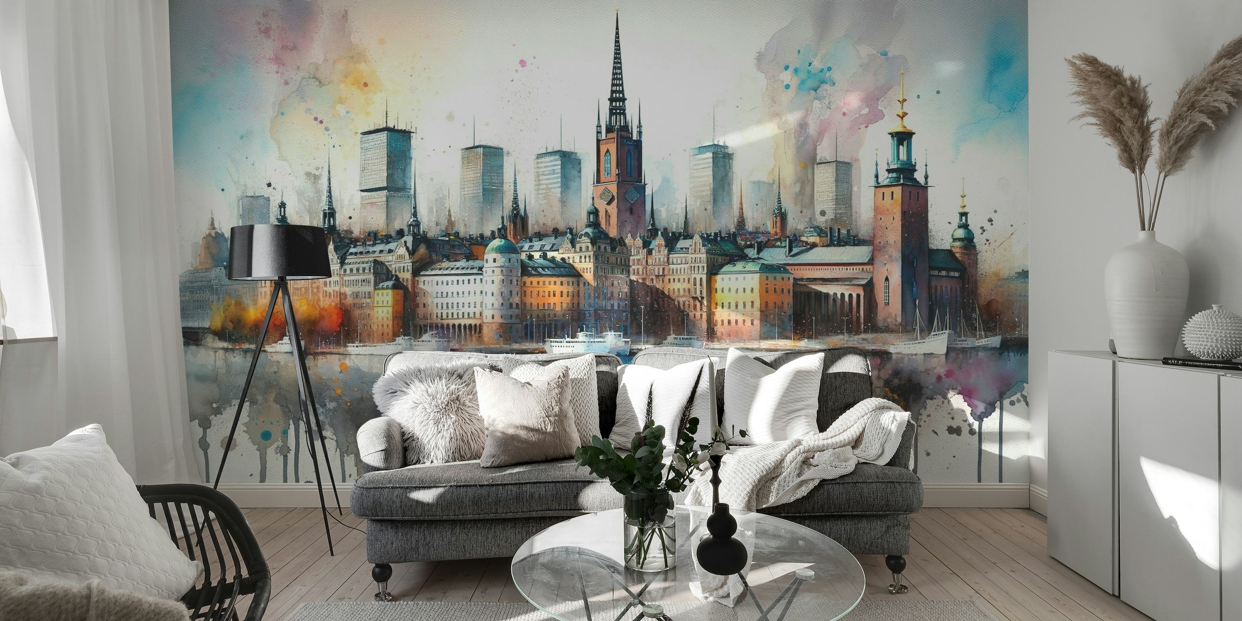 Watercolor Stockholm Skyline wallpaper