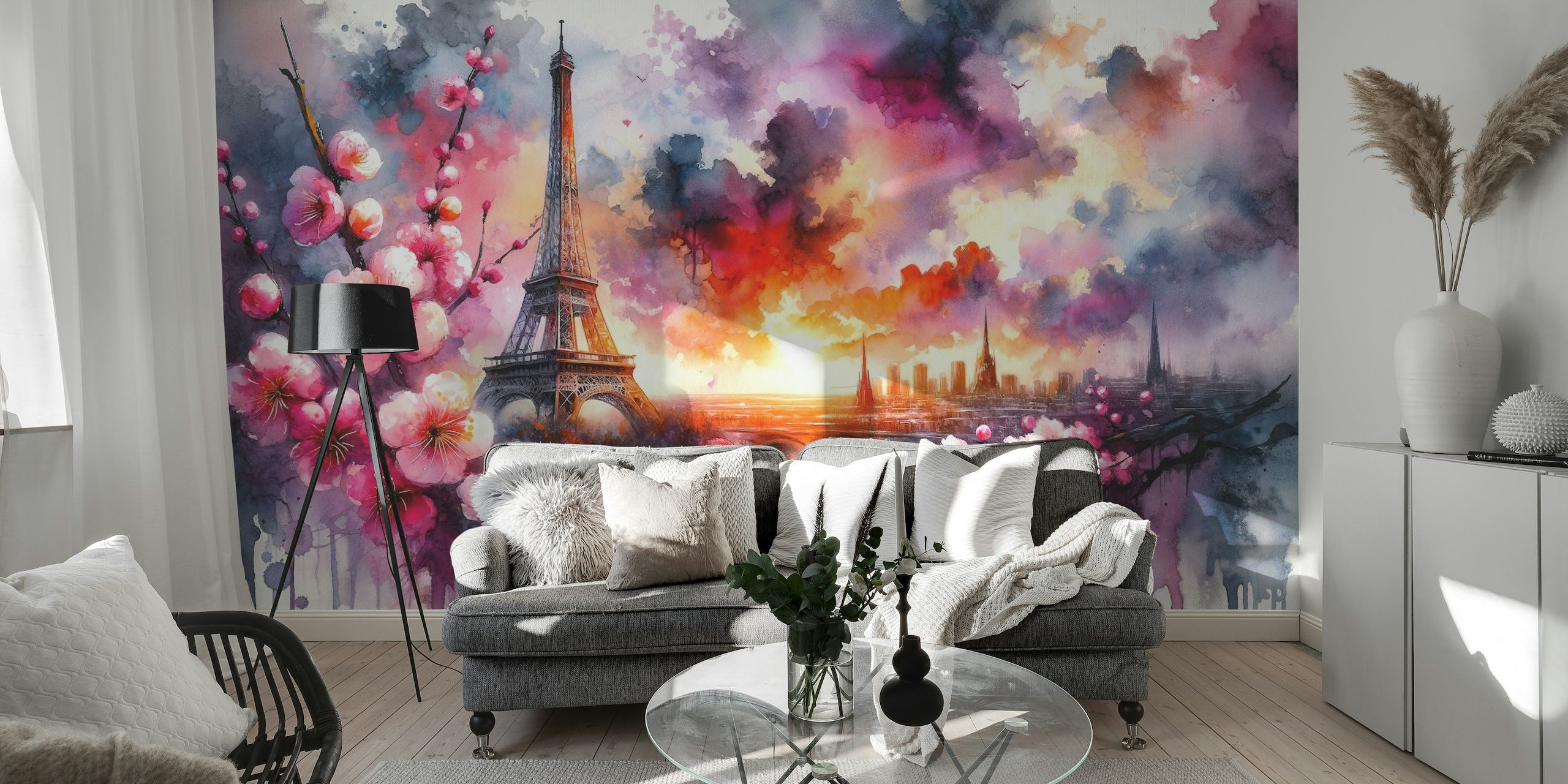 Watercolor Floral Paris Eiffel Tower papel pintado