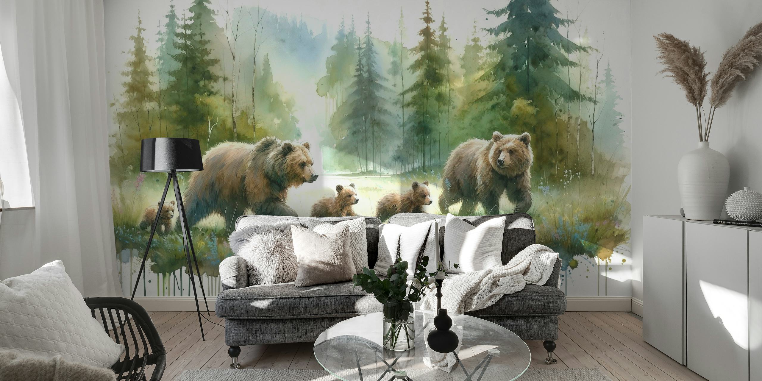 Watercolor Bear Family In The Forest papel pintado