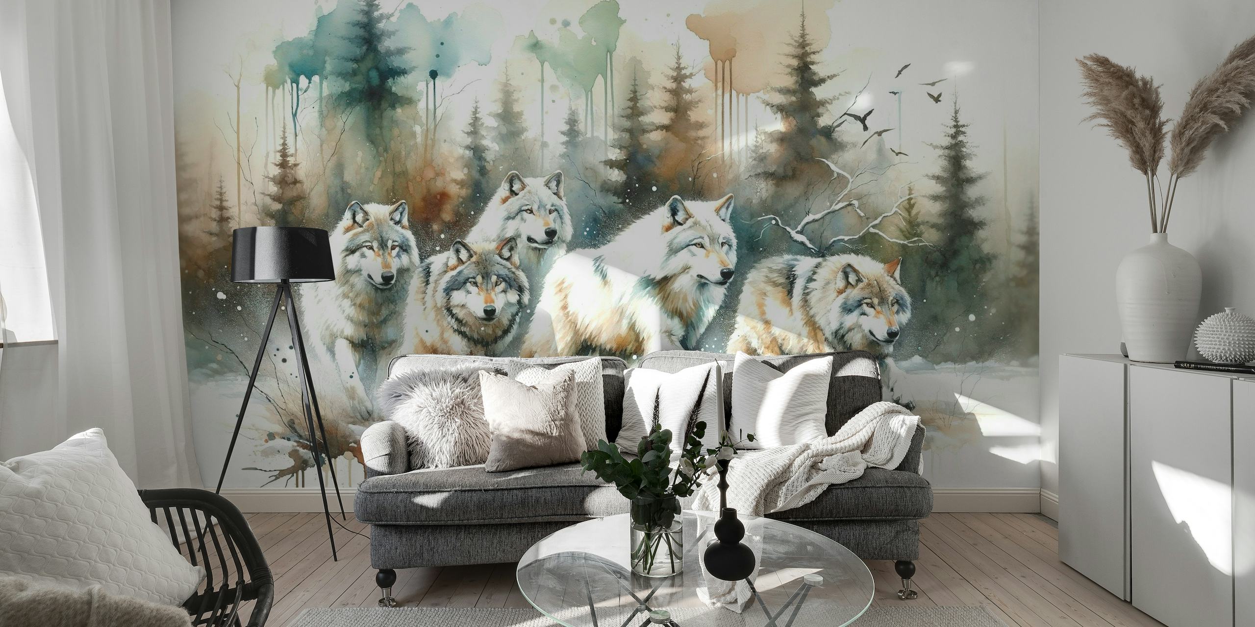 Watercolor Pack of Wolves behang