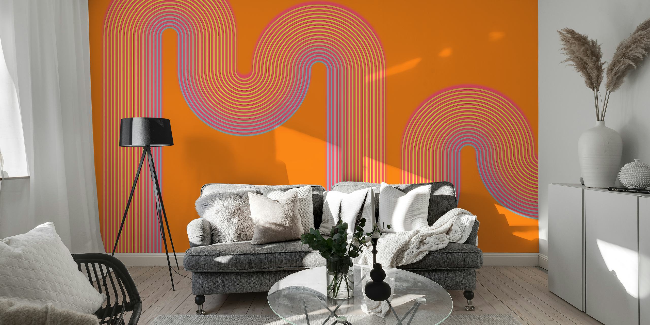 Curvy Wave abstract wall mural with flowing lines and orange backdrop