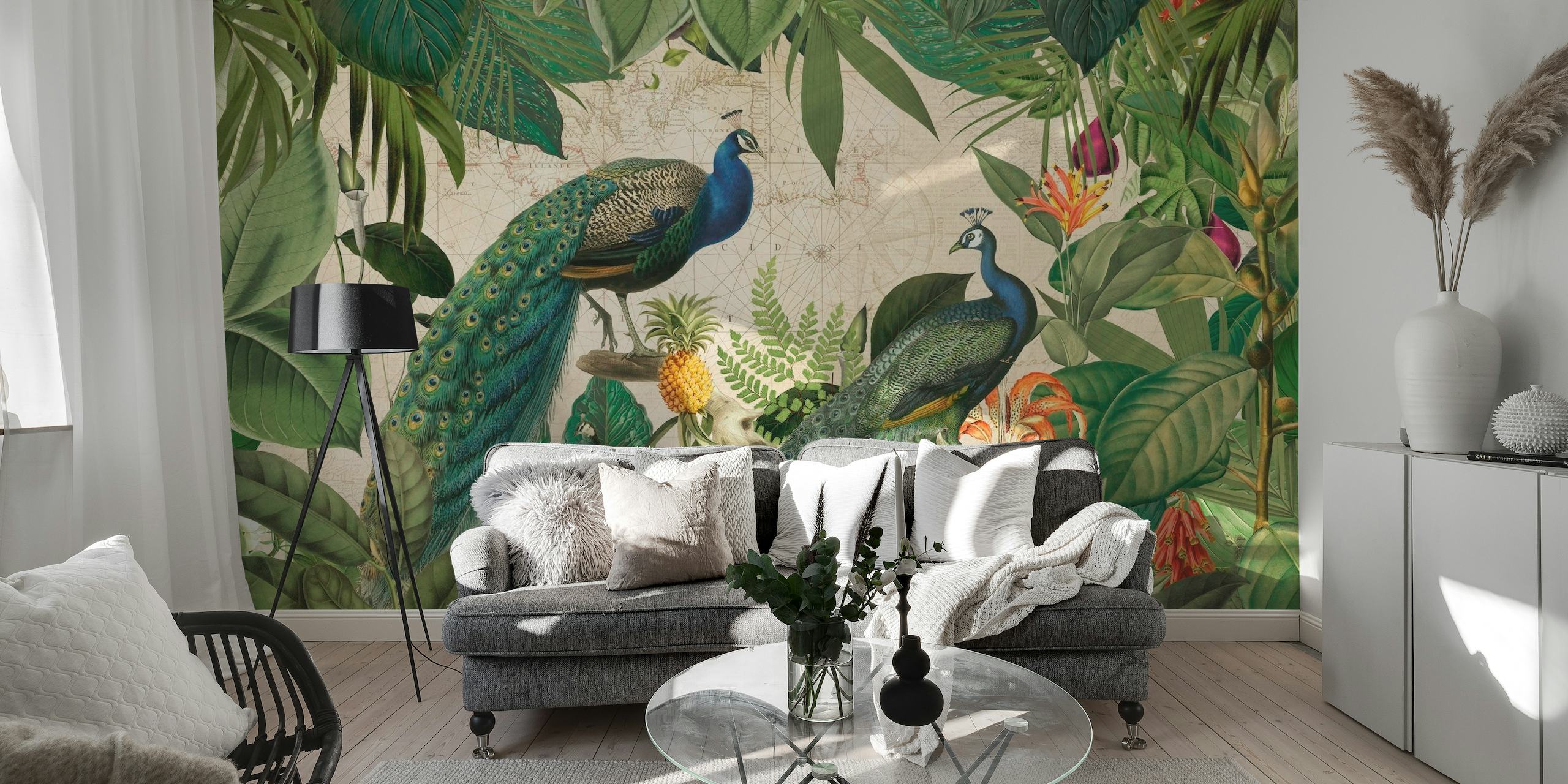 Papier peint mural paon vintage et feuillage tropical