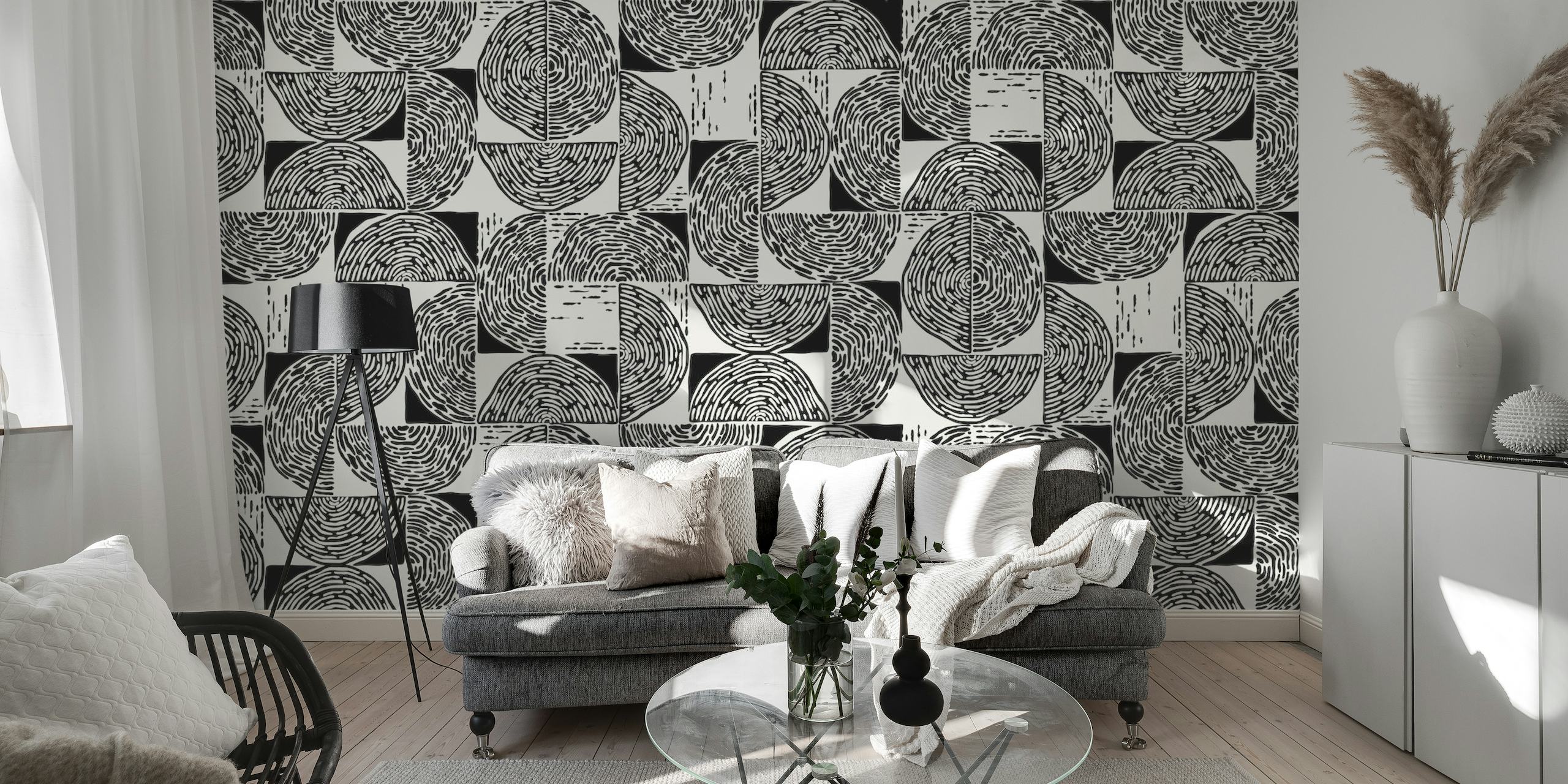 Black and white wood block print behang