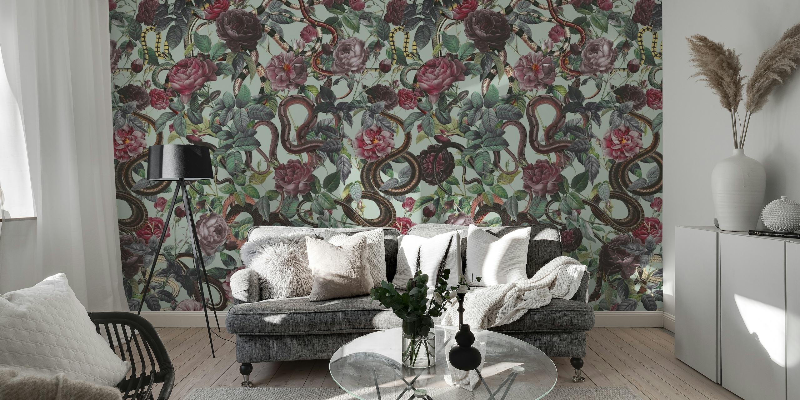 Wall mural featuring a pattern of intertwining snakes and lush roses against a detailed background.