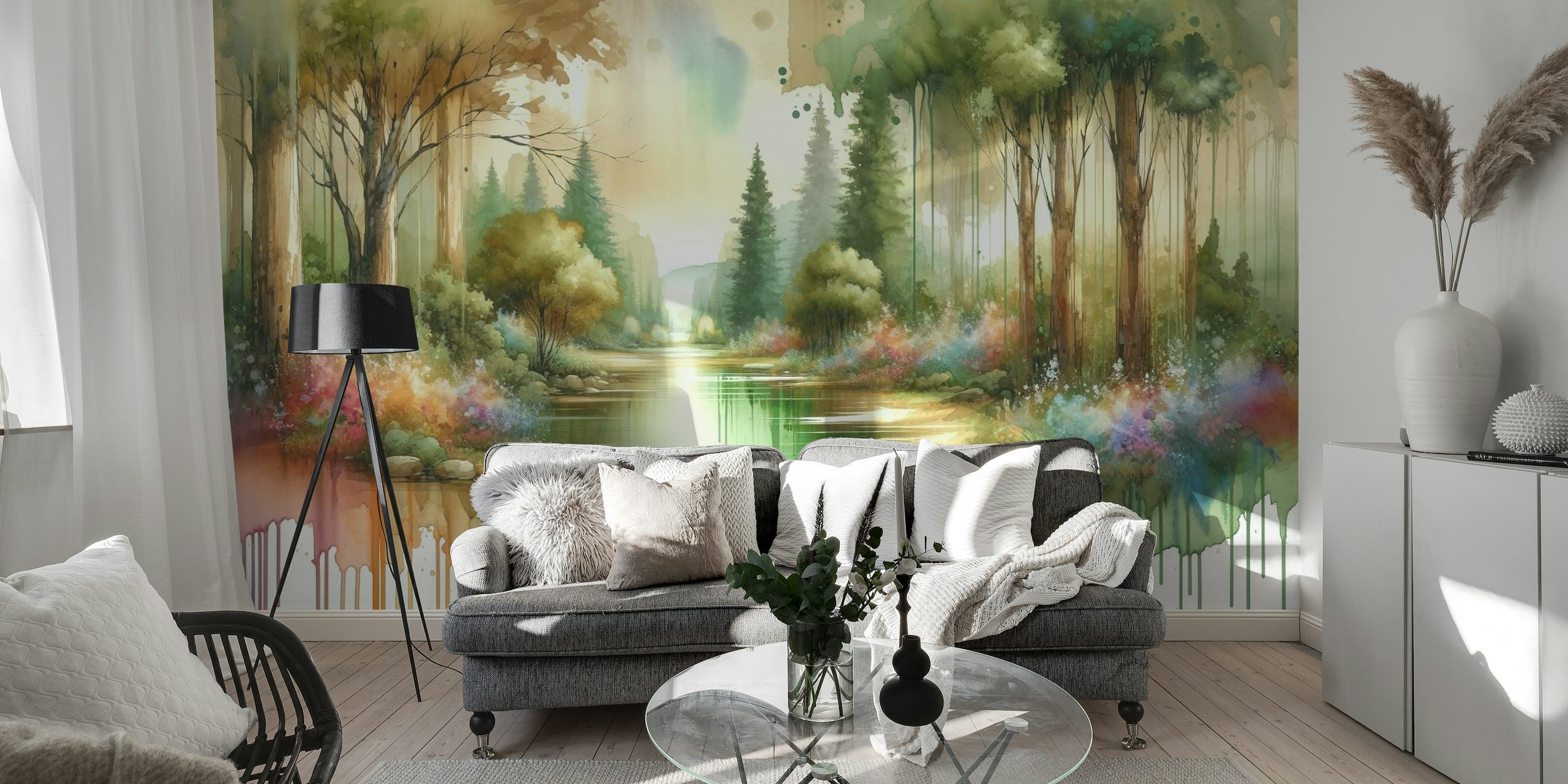 Dreamy watercolor forest scene with a reflective lake and colorful flora