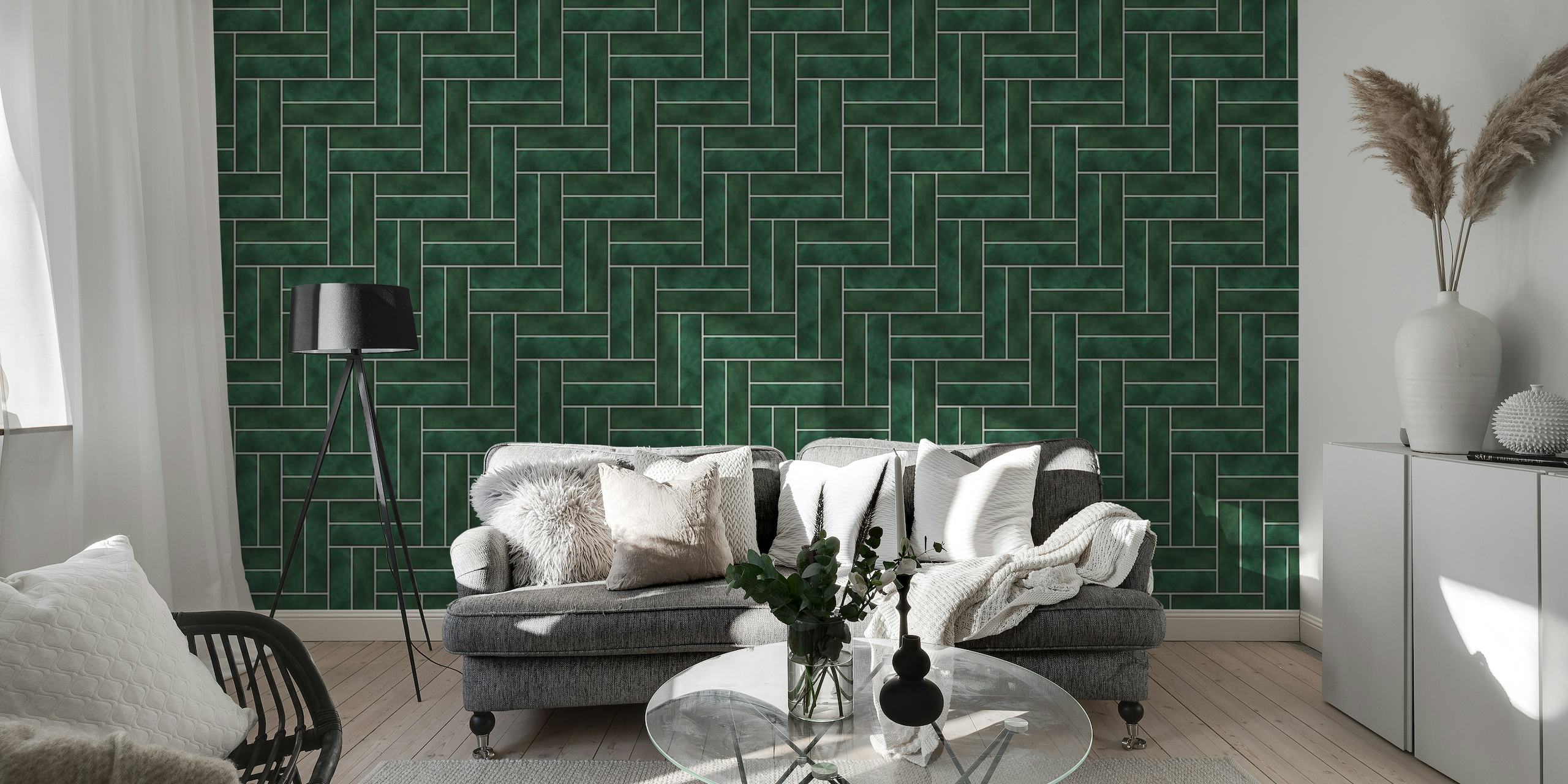 Double block herringbone tiles dark green papel de parede